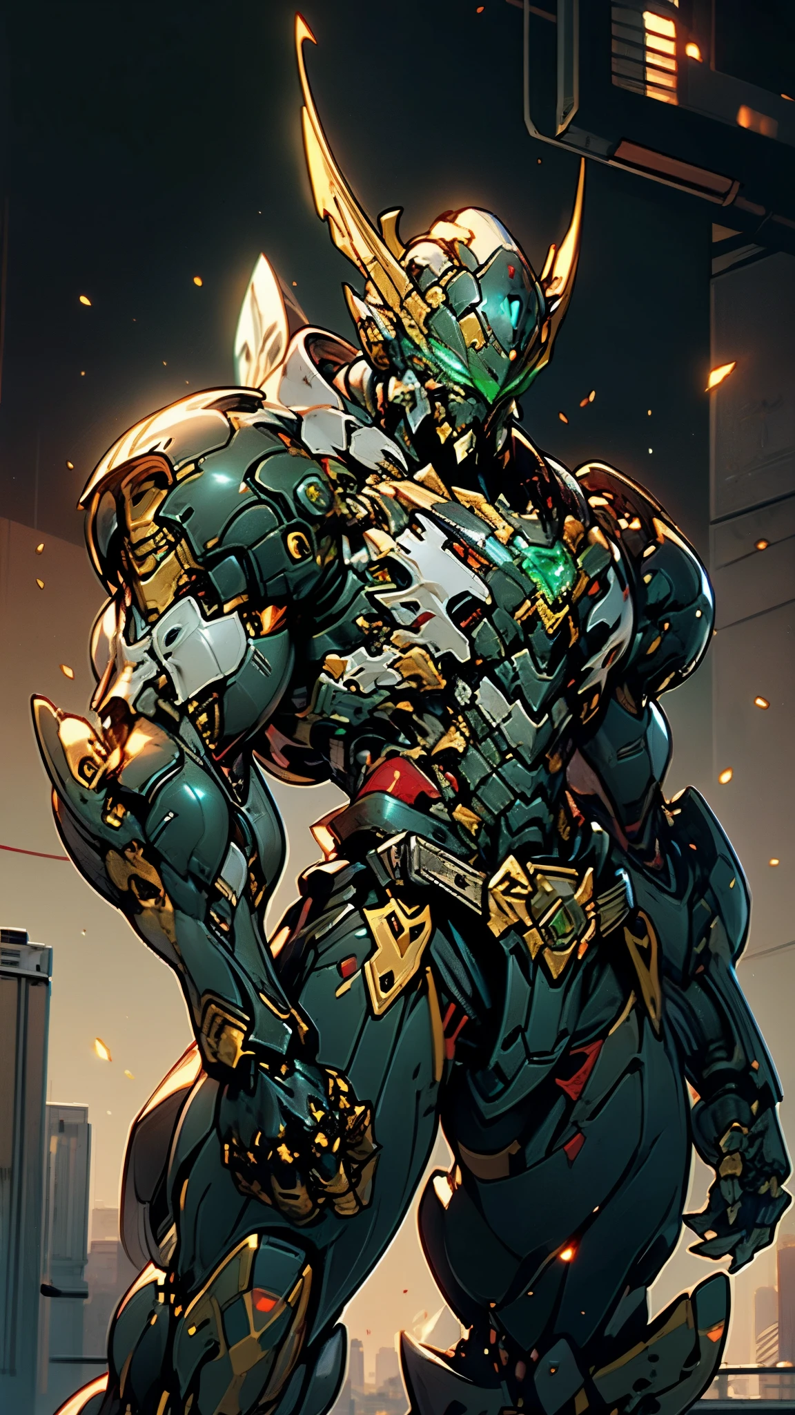 A man wearing a full-face helmet, a fantasy-style biotech armored combat suit, green eyes, (a composite layered chest armor), fully enclosed shoulder guards, matching arm and leg guards, the belt is adorned with Beetle-shaped gem, (the color scheme is primarily black with red accents), the design balances heavy with agility, a high-tech bio-mecha armor, (Armor Concept Inspired by Dynastinae, stand on the top of a skyscraper in a futuristic sci-fi city), this character embodies a finely crafted fantasy-surreal style armored hero in anime style, exquisite and mature manga art style, (element, plasma, energy, the armor glows), ((male:1.5)), metallic, real texture material, dramatic, high definition, best quality, highres, ultra-detailed, ultra-fine painting, extremely delicate, professional, perfect body proportions, golden ratio, anatomically correct, symmetrical face, extremely detailed eyes and face, high quality eyes, creativity, RAW photo, UHD, 32k, Natural light, cinematic lighting, masterpiece-anatomy-perfect, masterpiece:1.5