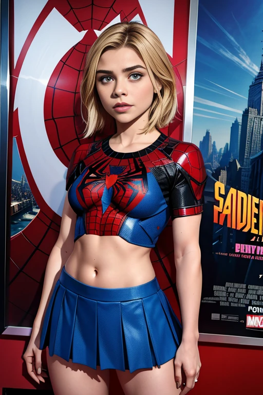 Chloe Grace Moretz、Marvel Comics Movie Poster, Very beautiful, Movies about Spiderman, sexy, whole body, I'm wearing a skirt、Premiere date, Poster、belly buttonを突き出す、new york、She&#39;s wearing a torn Spider-Man suit,The suit is torn、Wearing a skirt、 Red and black color scheme,dynamic、masterpiece、highest quality、Ultra-detailed、Very detailed、A delicate and beautiful shine、超A high resolution、Cinematic,Break,Breakdrop,(Torn clothes:1.5), (Wet clothes:1.4), Bare shoulders,Real Rain,Wet Hair,belly button、Exposing Skin、Showing off her sexy shoulders