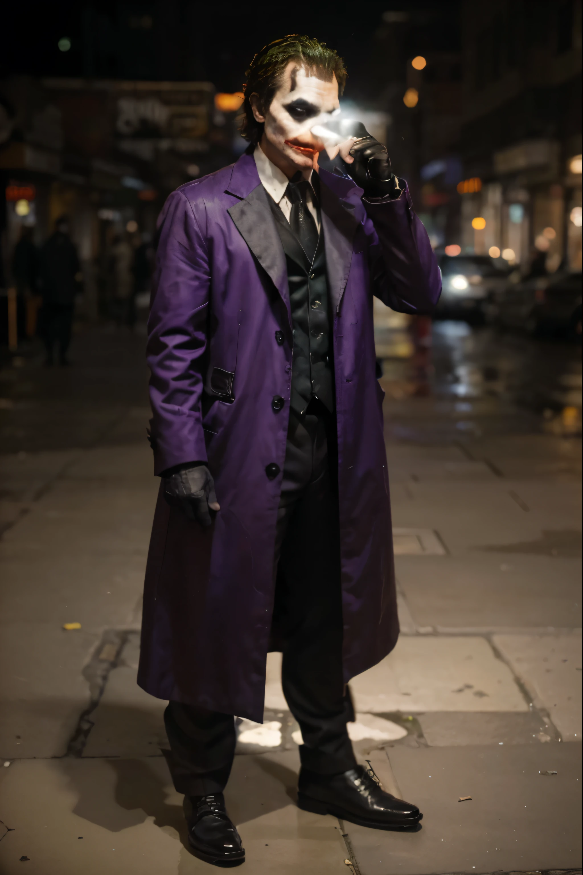 (Best quality, 8k, 32k, Masterpiece, UHD:1.2) "Imagine the dark, gritty, and atmospheric Gotham City from Batman/DC Comics. Describe a sprawling metropolis shrouded in perpetual twilight, where towering skyscrapers cast long shadows over narrow, winding streets. The city is a blend of Gothic architecture and modern urban decay, with gargoyles perched on the edges of buildings, watching over the gloomy alleys below.
The streets of Gotham are bustling with activity, yet there's an underlying sense of unease and tension. Neon signs flicker above storefronts, illuminating the faces of the city's diverse inhabitants—ranging from hurried businesspeople and street vendors to shadowy figures lurking in the corners. The ever-present mist rising from the sewers mixes with the smell of rain-soaked concrete, adding to the city's ominous ambiance.
Prominent landmarks like Wayne Tower, Arkham Asylum, and the Bat-Signal atop the Gotham City Police Department headquarters punctuate the skyline. The city is a hotbed of crime and corruption, with infamous locations such as Crime Alley and the Iceberg Lounge (owned by the notorious Penguin) serving as reminders of its dark underbelly.
Describe the daily life in Gotham City, focusing on the constant battle between good and evil. Highlight the presence of vigilantes like Batman and his allies, as well as the notorious rogues' gallery of villains including the Joker, Catwoman, and Two-Face. Capture the atmosphere of a city teetering on the edge, where every night brings a new challenge and every corner hides a secret." ((Joker))