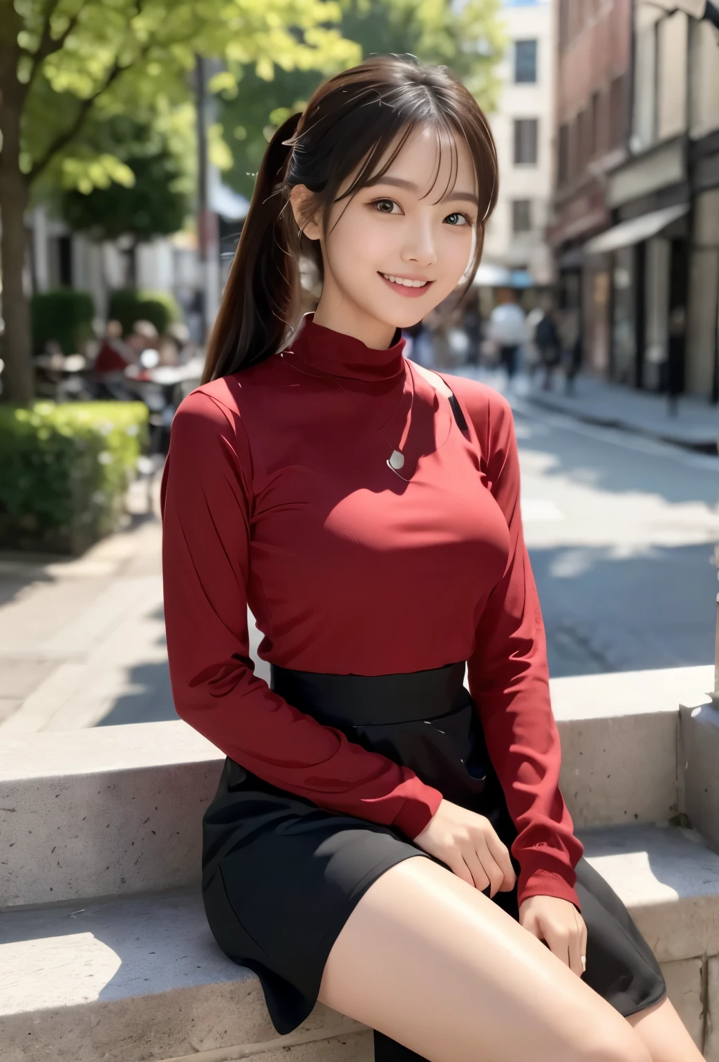 (masterpiece, best quality:1.1), (8k, raw photo, photo realistic:1.2, f22), (shiny skin), detailed skin,ponytail,detailed face, detailed eyes,smile,BREAK, real world, intricate details, smil, BREAK, 1girl, full body,(long sleeves,dress,red)BREAK, (Cafe:1.4)