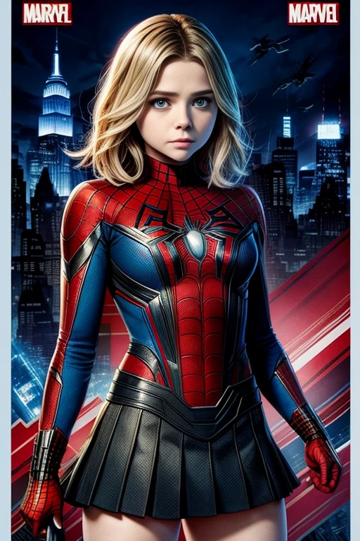 Chloe Grace Moretz、Marvel Comics Movie Poster, Very beautiful, Movies about Spiderman, sexy, whole body, I'm wearing a skirt、Premiere date, Poster、belly buttonを突き出す、new york、She&#39;s wearing a torn Spider-Man suit,The suit is torn、Wearing a skirt、 Red and black color scheme,dynamic、masterpiece、highest quality、Ultra-detailed、Very detailed、A delicate and beautiful shine、超A high resolution、Cinematic,Break,Breakdrop,(Torn clothes:1.5), (Wet clothes:1.4), Bare shoulders,Real Rain,Wet Hair,belly button、Exposing Skin、Showing off her sexy shoulders