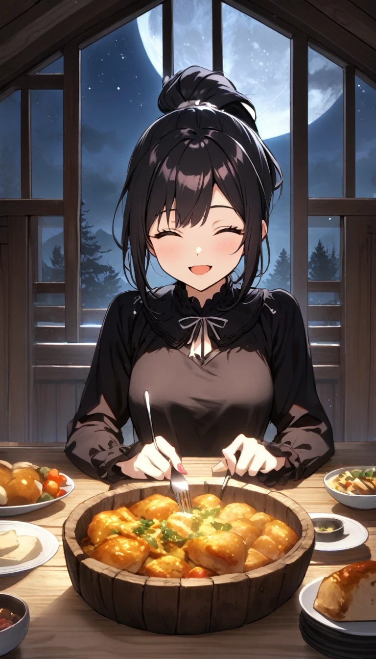 {{{solo lady}}}、shiny black hair、shiny purple eyes、{{short highponytail}}
、1white ribbon:1.1、[middle breast:0.8]、(black Gothic Dress),smile,Wind、Fur carpet、Inside the log house、night、moonlight、Dishes of food are laid out on the table、Across the table、POV、closed eyes,open mouth,upper body shot,