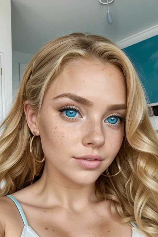 beauiful youthful woman with tight curly blonde hair freckles ,she has a big blue eyes and big lips take a selfie while wearing a teal set in her neat white lounge,,uhd,good quality image,photorealistic,hyper-realistic.8k