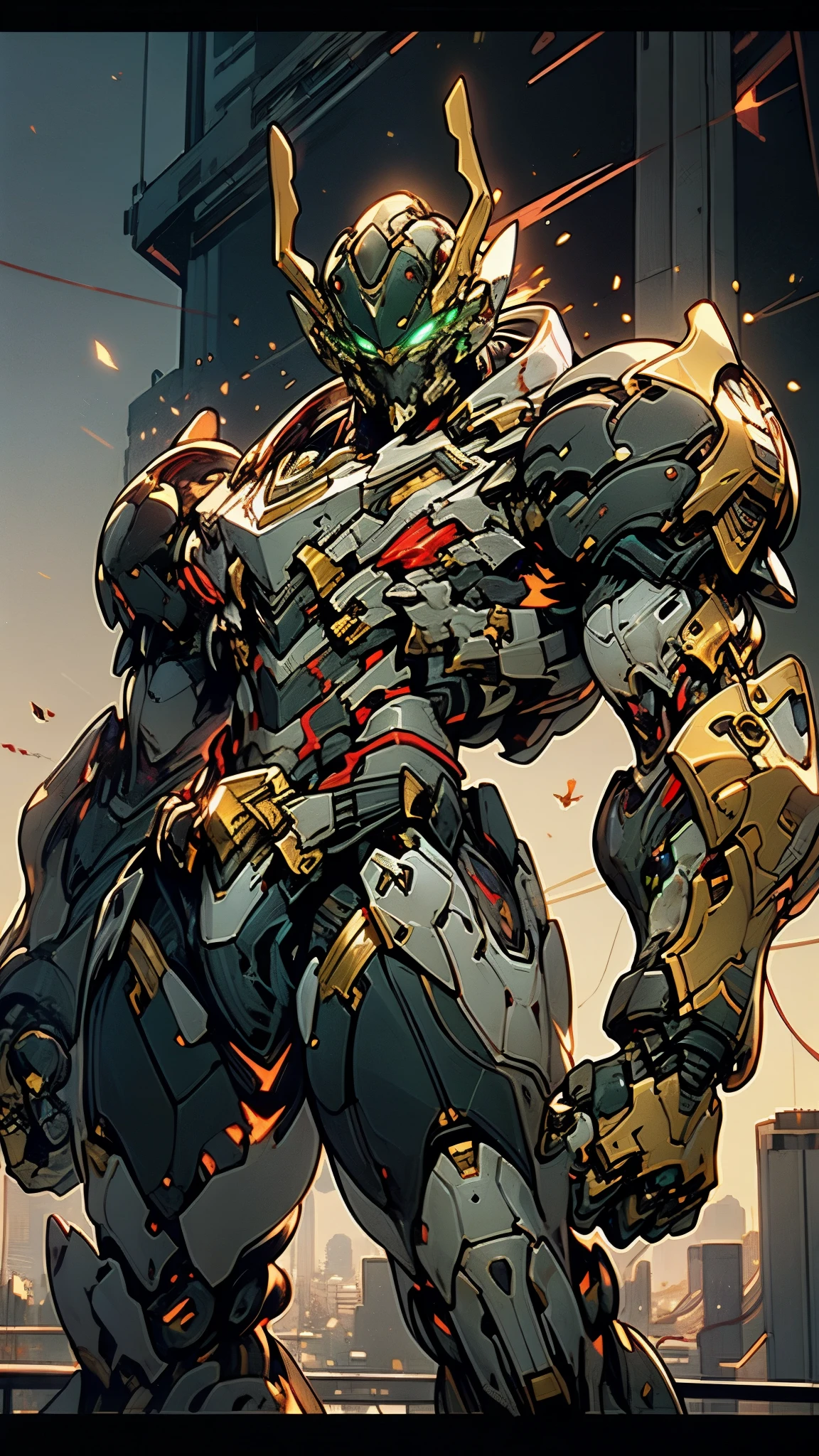 A man wearing a full-face helmet, a fantasy-style biotech armored combat suit, green eyes, (a composite layered chest armor), fully enclosed shoulder guards, matching arm and leg guards, the belt is adorned with Beetle-shaped gem, (the color scheme is primarily black with red accents), the design balances heavy with agility, a high-tech bio-mecha armor, (Armor Concept Inspired by Dynastinae, stand on the top of a skyscraper in a futuristic sci-fi city), this character embodies a finely crafted fantasy-surreal style armored hero in anime style, exquisite and mature manga art style, (element, plasma, energy, the armor glows), ((male:1.5)), metallic, real texture material, dramatic, high definition, best quality, highres, ultra-detailed, ultra-fine painting, extremely delicate, professional, perfect body proportions, golden ratio, anatomically correct, symmetrical face, extremely detailed eyes and face, high quality eyes, creativity, RAW photo, UHD, 32k, Natural light, cinematic lighting, masterpiece-anatomy-perfect, masterpiece:1.5