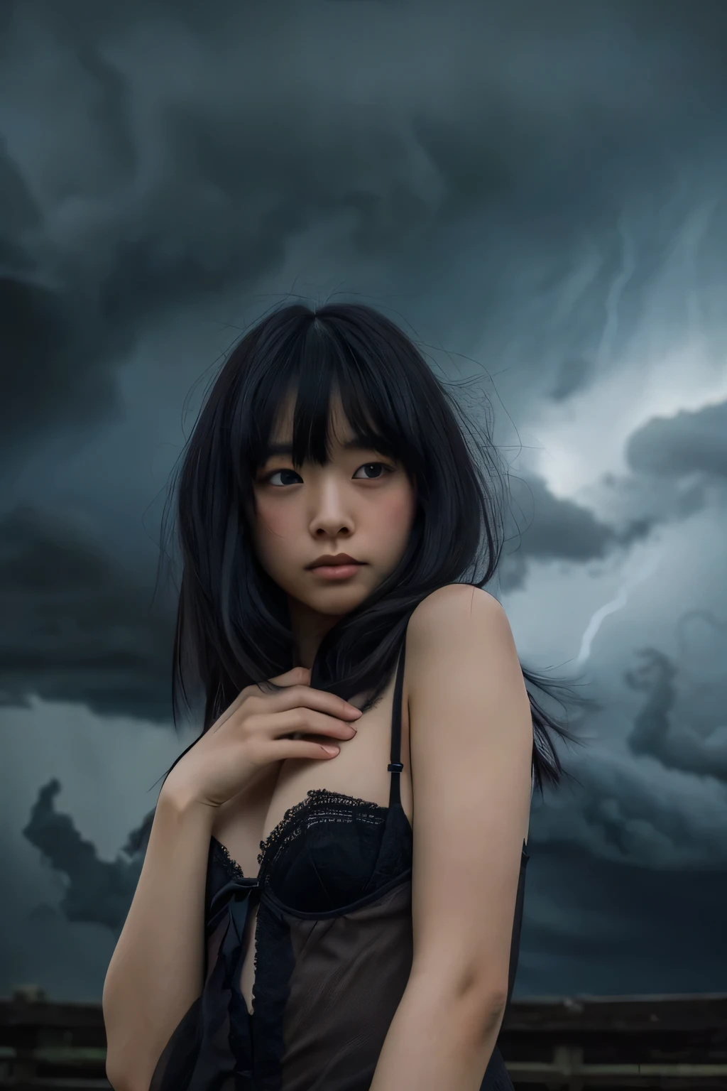 masterpiece, highest quality, (dark photo:1.3), realistic, One girl in a 300 year old Japan、Edo Period、White yukata、Long black hair、Beautiful woman in lingerie, Dark Image、Flat bangs, Stunning innocent symmetry face, Emotional, Ulzzang, (Pueros face_v1:0.7)、(((Stormy dark sky、Thundering Sky)))