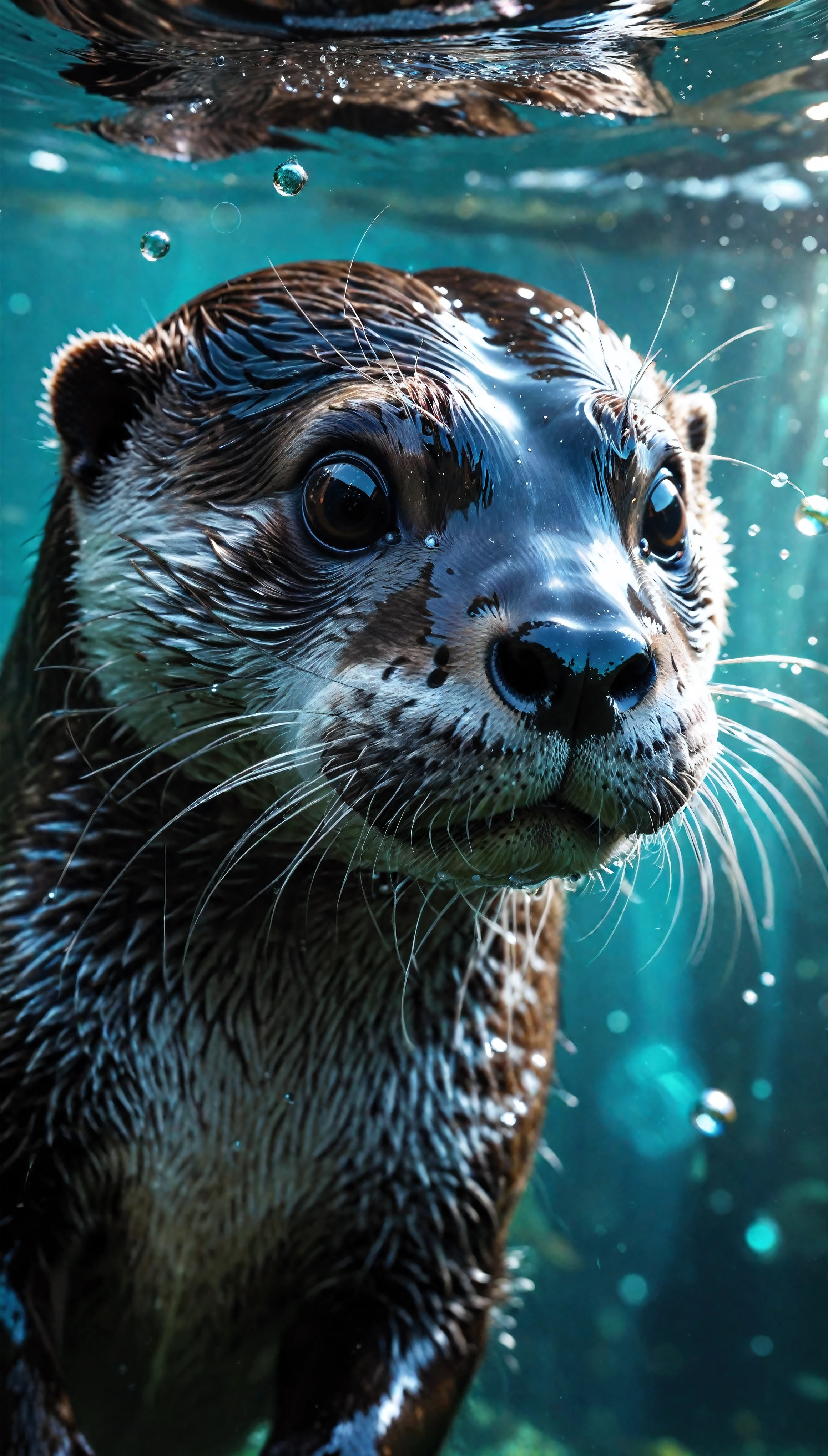 ((Masterpiece in maximum 16K resolution):1.6),((soft_color_photograpy:)1.5), ((Ultra-Detailed):1.4),((Movie-like still images and dynamic angles):1.3). | (Macro shot cinematic photo of exotic Otter underwater), (an Otter swimming underwater), (water bubbles), (macro lens), (exotic animal), (cute), (delightful atmosphere), (aesthetic photography style), (visual experience),(Realism), (Realistic),award-winning graphics, dark shot, film grain, extremely detailed, Digital Art, rtx, Unreal Engine, scene concept anti glare effect, All captured with sharp focus. | Rendered in ultra-high definition with UHD and retina quality, this masterpiece ensures anatomical correctness and textured skin with super detail. With a focus on high quality and accuracy, this award-winning portrayal captures every nuance in stunning 16k resolution, immersing viewers in its lifelike depiction. | ((perfect_composition, perfect_design, perfect_layout, perfect_detail, ultra_detailed)), ((enhance_all, fix_everything)), More Detail, Enhance.