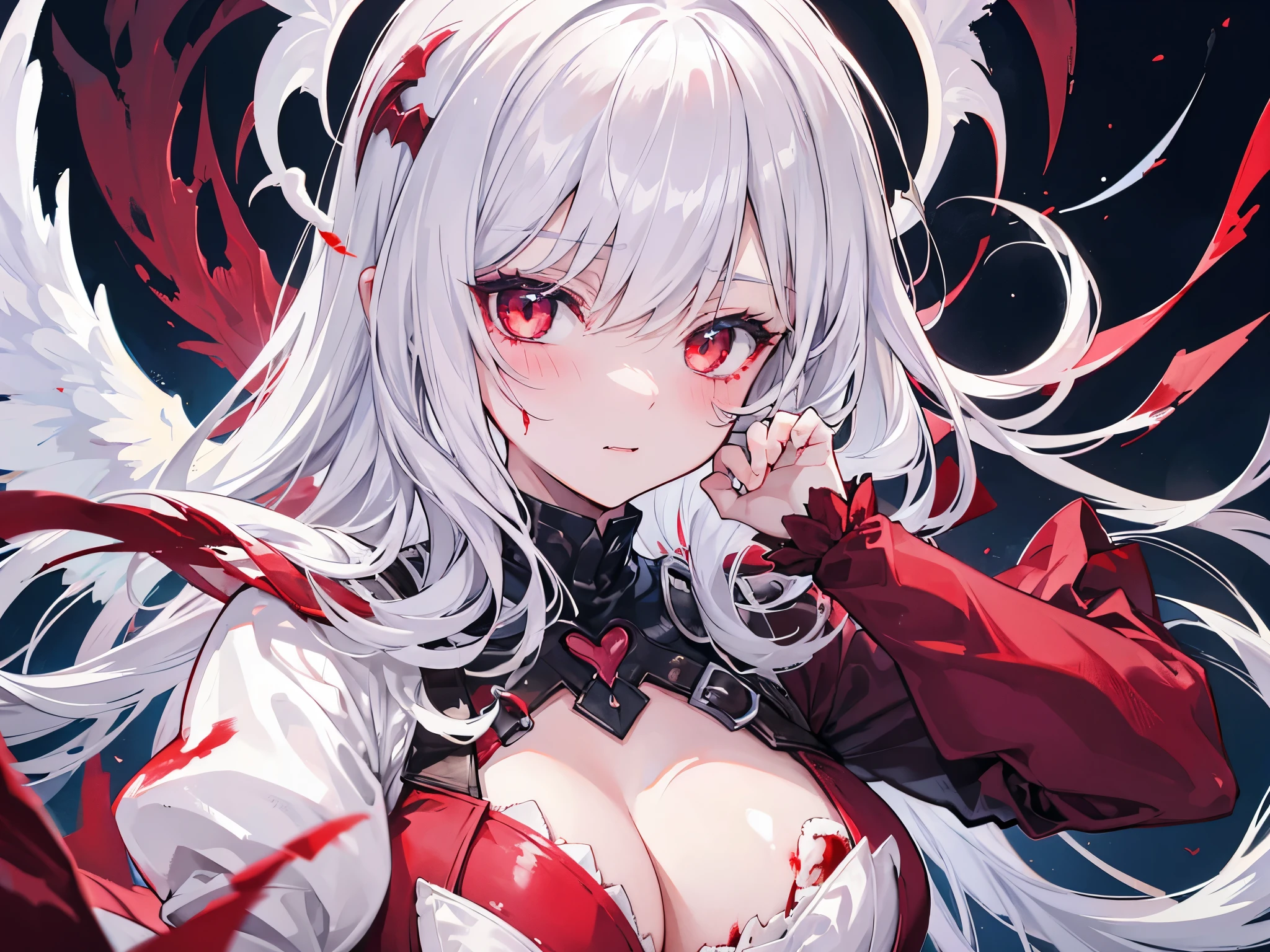 1girl, Vampire, Upper body and head only, hands on face covered in blood, blushing, white hair wolfcut hairstyle, with wings, thicc thighs