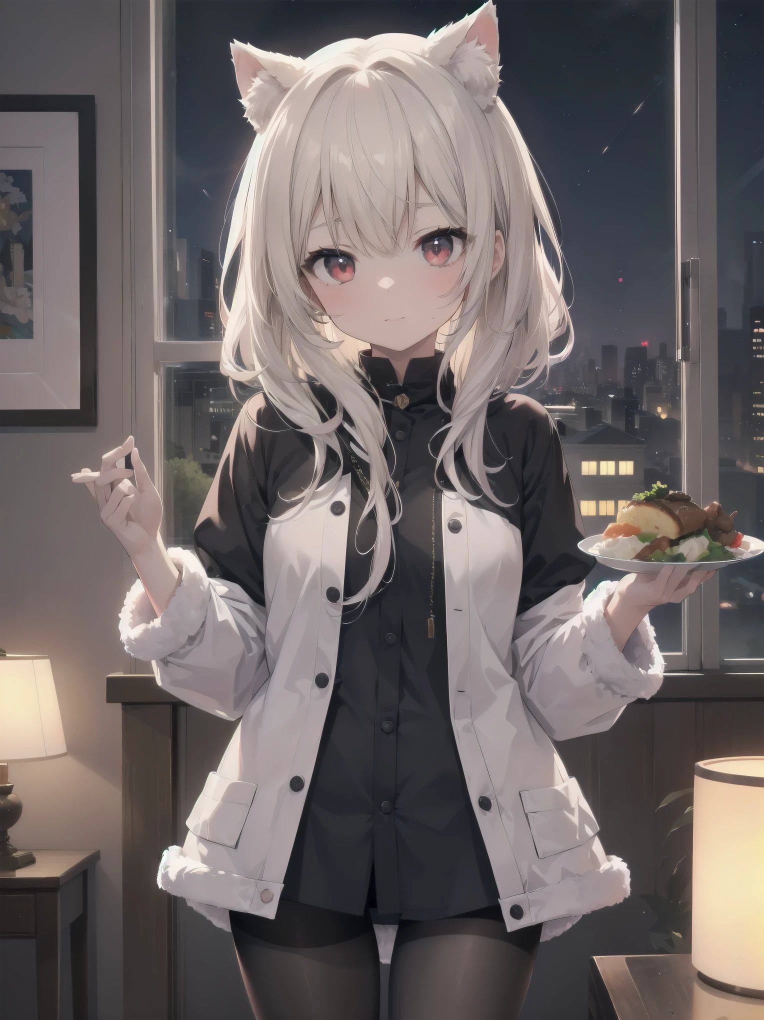 cute娘, One girl, 猫耳Food, ((cute)), masterpiece, highest quality, Perfect Face, Foodie, Food, look up, both hands, thin, fur, comfortable, warm, window, night, long Foodie, no_pants, 4K, wallpaper, close, Digital Art, Anime Style, Beautiful Eyes, Intimate, detailed, warm colors, Red eyes、Black pantyhose