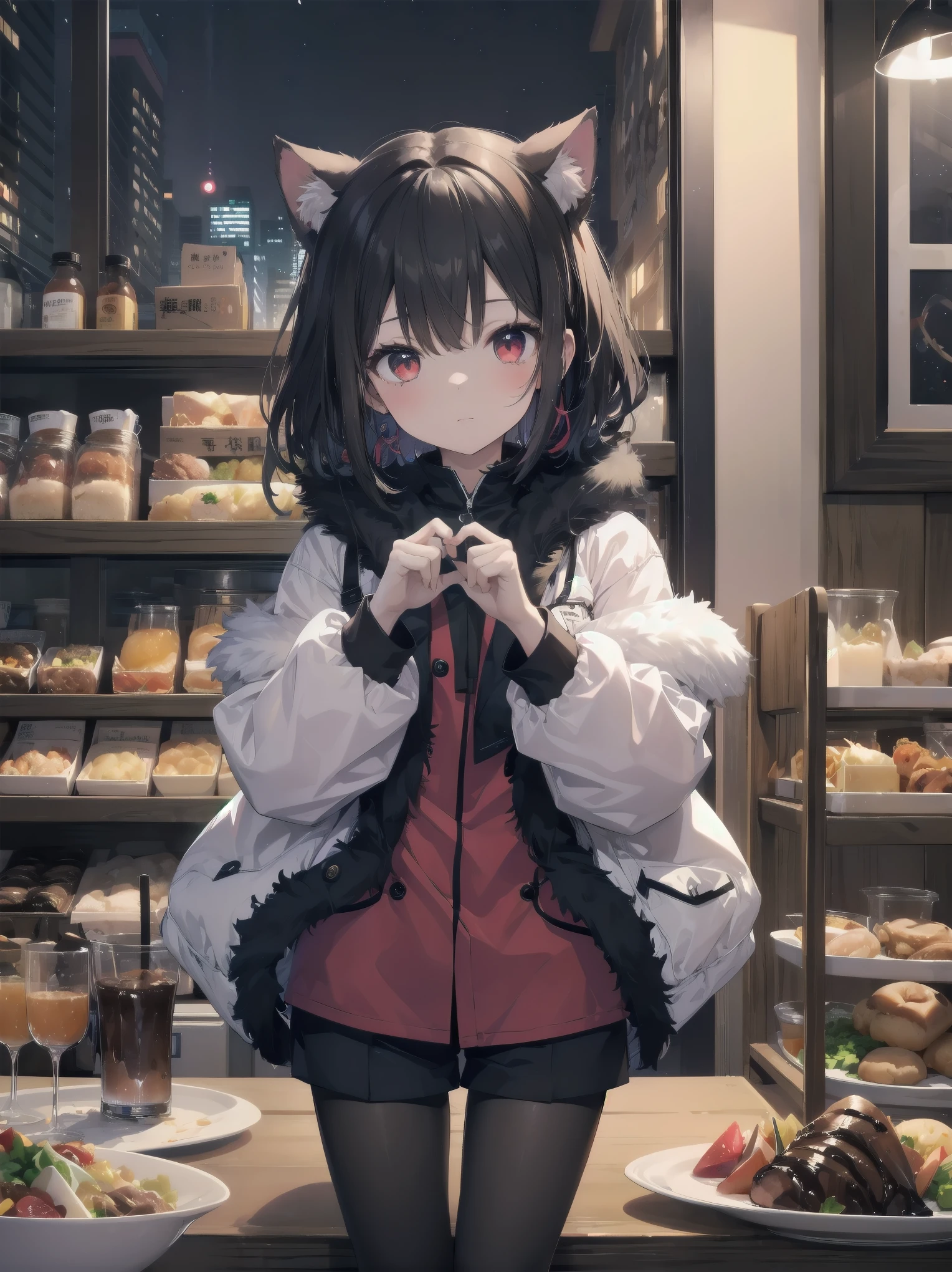 cute娘, One girl, 猫耳Food, ((cute)), masterpiece, highest quality, Perfect Face, Foodie, Food, look up, both hands, thin, fur, comfortable, warm, window, night, long Foodie, no_pants, 4K, wallpaper, close, Digital Art, Anime Style, Beautiful Eyes, Intimate, detailed, warm colors, Red eyes、Black pantyhose