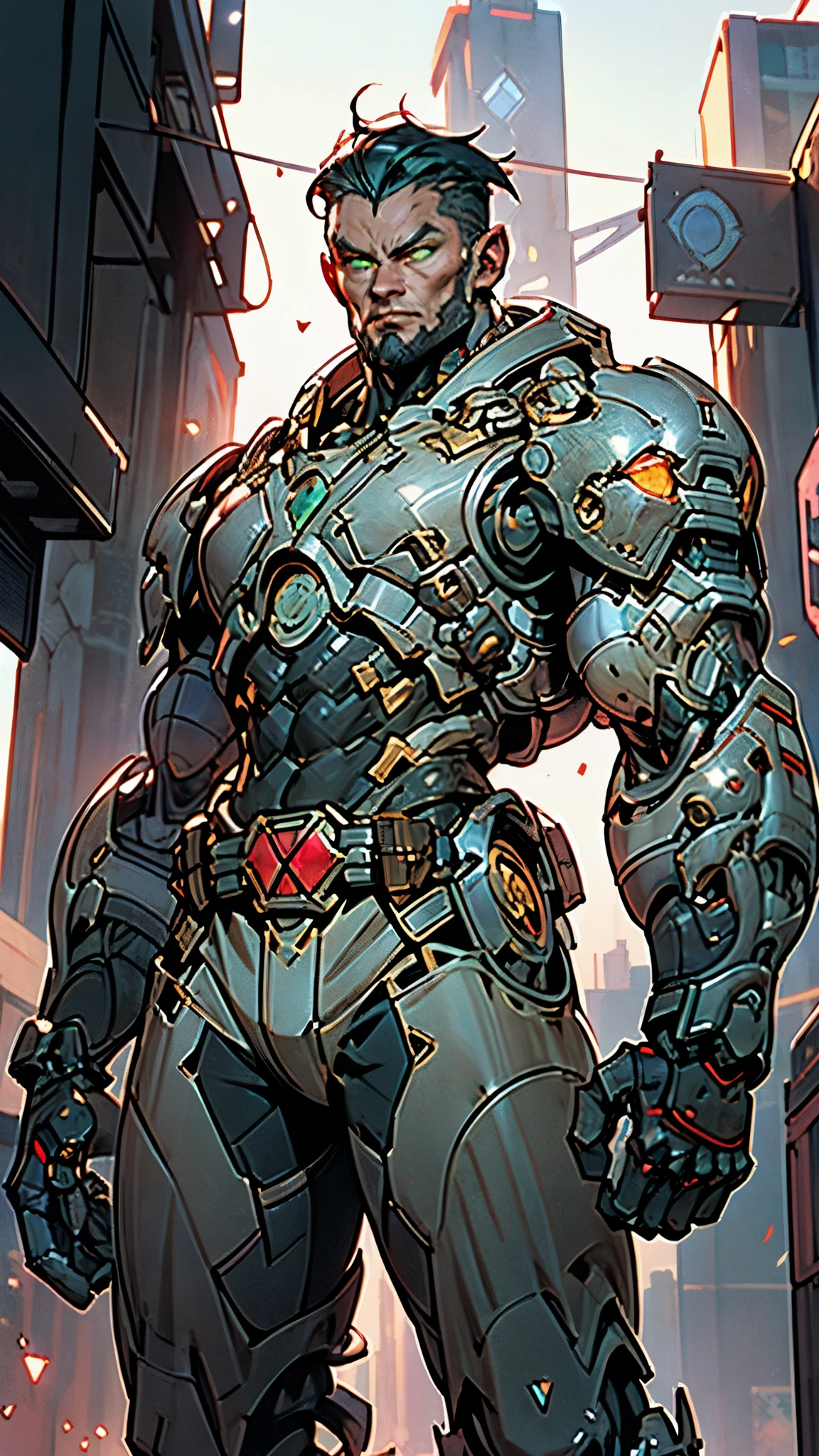 A man wearing a full-face helmet, a fantasy-style biotech armored combat suit, green eyes, (a composite layered chest armor), fully enclosed shoulder guards, matching arm and leg guards, the belt is adorned with Beetle-shaped gem, (the color scheme is primarily black with red accents), the design balances heavy with agility, a high-tech bio-mecha armor, (Armor Concept Inspired by Dynastinae, stand on the top of a skyscraper in a futuristic sci-fi city), this character embodies a finely crafted fantasy-surreal style armored hero in anime style, exquisite and mature manga art style, (element, plasma, energy, the armor glows), ((male:1.5)), metallic, real texture material, dramatic, high definition, best quality, highres, ultra-detailed, ultra-fine painting, extremely delicate, professional, perfect body proportions, golden ratio, anatomically correct, symmetrical face, extremely detailed eyes and face, high quality eyes, creativity, RAW photo, UHD, 32k, Natural light, cinematic lighting, masterpiece-anatomy-perfect, masterpiece:1.5