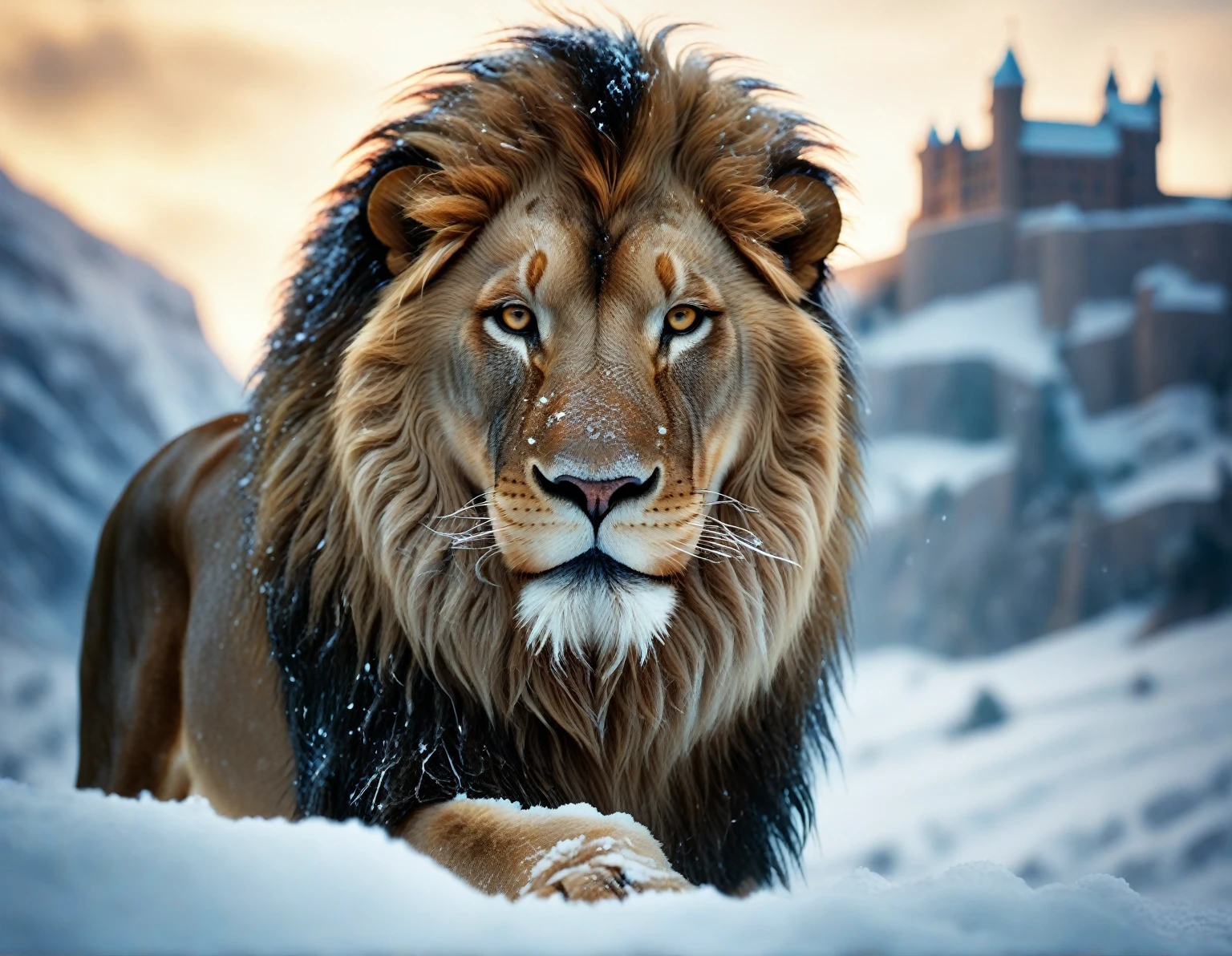 the chronicles of narnia, close-up image of Aslan in the dense snow, cair paravel in the background, delicate detailing,subtle texture,soft-focus effect,soft shadows,minimalist aesthetic,gentle illumination,elegant simplicity,serene composition timeless appeal,visual softness,extremely high quality high detail RAW color photo,professional lighting,sophisticated color grading,sharp focus,soft bokeh,striking contrast,dramatic flair,depth of field,seamless blend of colors,CGI digital painting,cinematic still 35mm,CineStill 50D,800T,natural lighting,shallow depth of field,crisp details,hbo netflix film color LUT,32K,UHD,HDR,film light,panoramic shot,breathtaking,hyper-realistic,ultra-realism,high-speed photography,perfect contrast,award-winning phography,directed by lars von trie