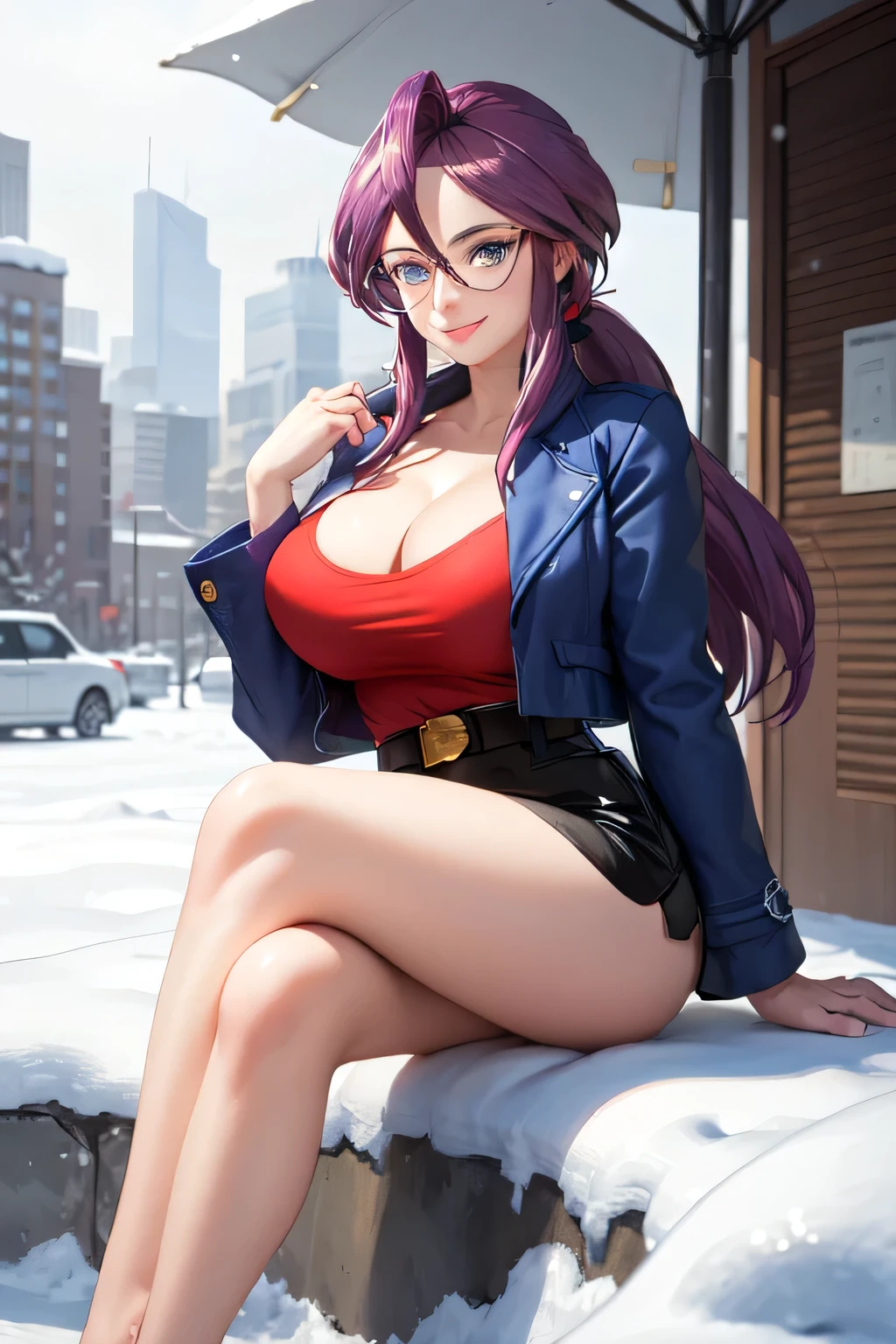 masterpiece, best quality,  animeLorelei, purple hair, blue eyes, hair between eyes, glasses, blue jacket, red shirt, cleavage, belt, pencil skirt, large breasts, smile, looking at viewer, sitting, around her big legs, crossed legs, winter, cityscape, snow, hand up