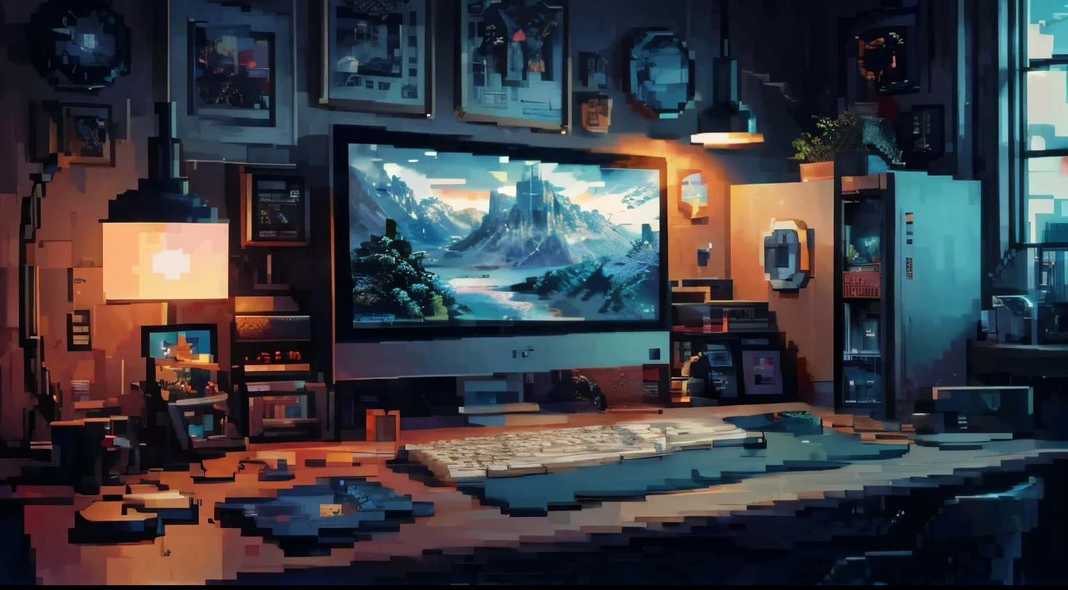 stylish modern desktop in pixel art anime design, a computer monitor in horizontal, a keyboard, a computer mouse, a designer tablet, a computer screen monitor in vertical, 4k, HD, everything that is on the desktop is neat, loffy, pixelArt, 2D drawing, aesthetic.