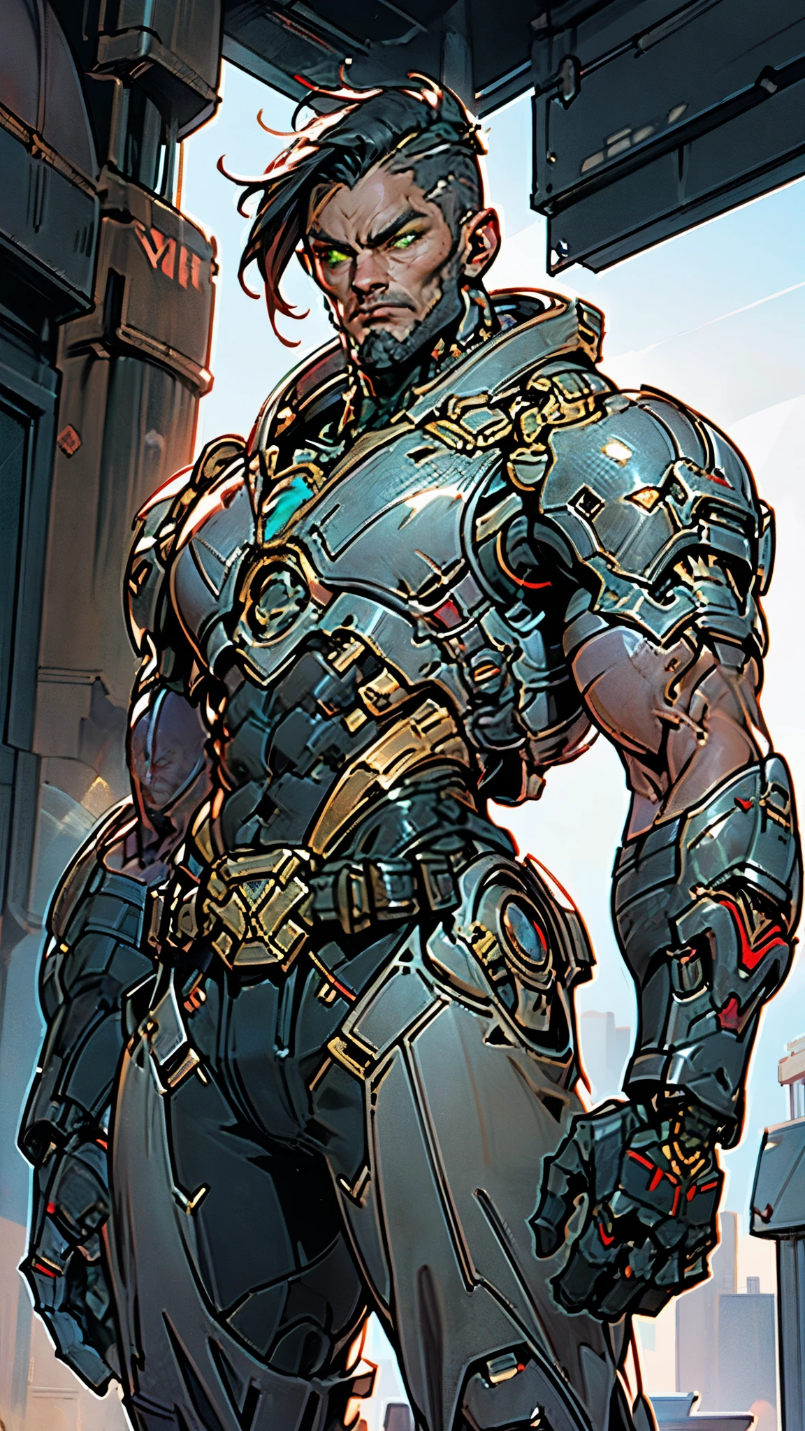 A man wearing a full-face helmet, a fantasy-style biotech armored combat suit, green eyes, (a composite layered chest armor), fully enclosed shoulder guards, matching arm and leg guards, the belt is adorned with Beetle-shaped gem, (the color scheme is primarily black with red accents), the design balances heavy with agility, a high-tech bio-mecha armor, (Armor Concept Inspired by Dynastinae, stand on the top of a skyscraper in a futuristic sci-fi city), this character embodies a finely crafted fantasy-surreal style armored hero in anime style, exquisite and mature manga art style, (element, plasma, energy, the armor glows), ((male:1.5)), metallic, real texture material, dramatic, high definition, best quality, highres, ultra-detailed, ultra-fine painting, extremely delicate, professional, perfect body proportions, golden ratio, anatomically correct, symmetrical face, extremely detailed eyes and face, high quality eyes, creativity, RAW photo, UHD, 32k, Natural light, cinematic lighting, masterpiece-anatomy-perfect, masterpiece:1.5