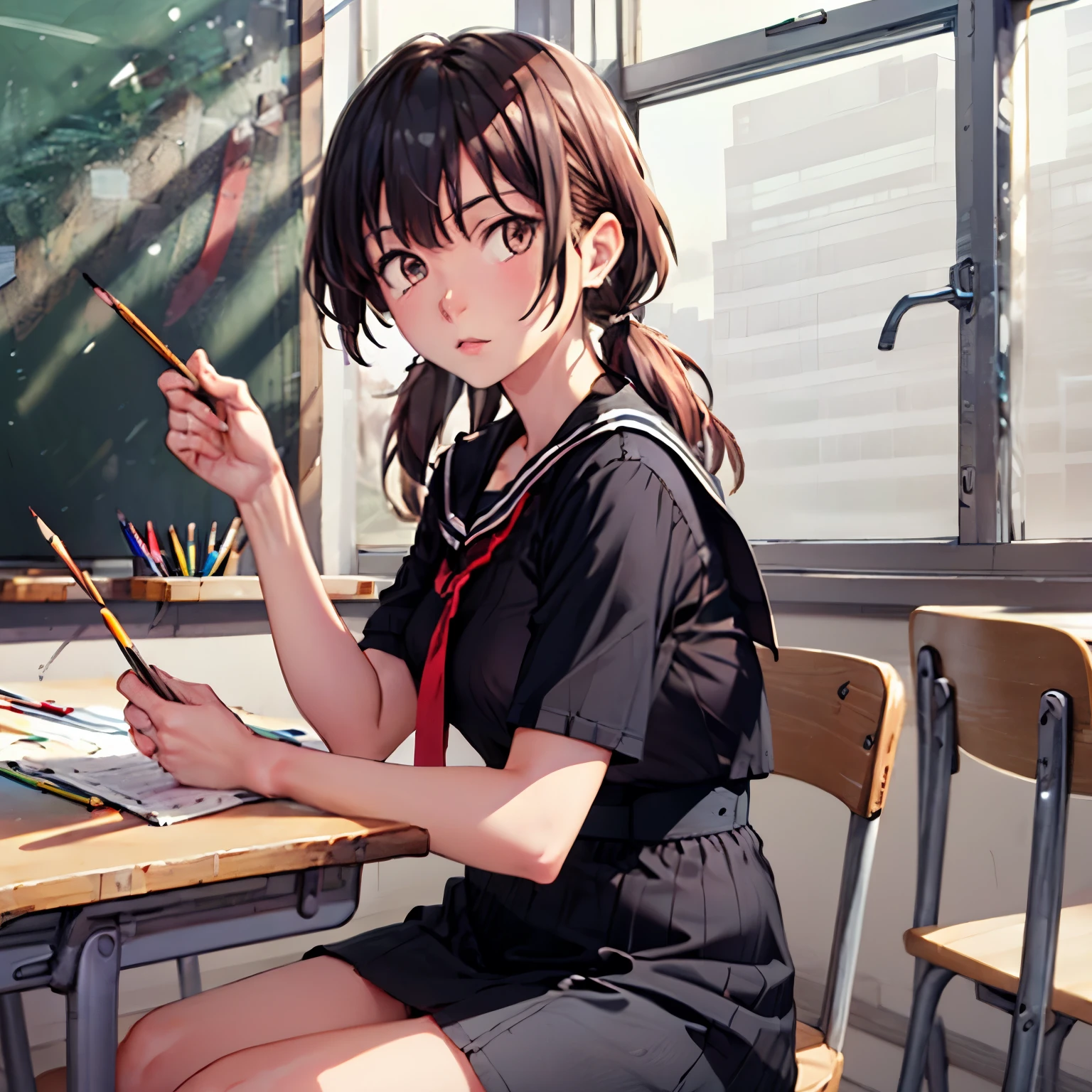 ((((solo)))), many beautiful girls, long hair, hazelnut hair, no bangs, black serafuku, short sleeves, sitting, art classroom, art class, painting with pencils on a sheet, serious