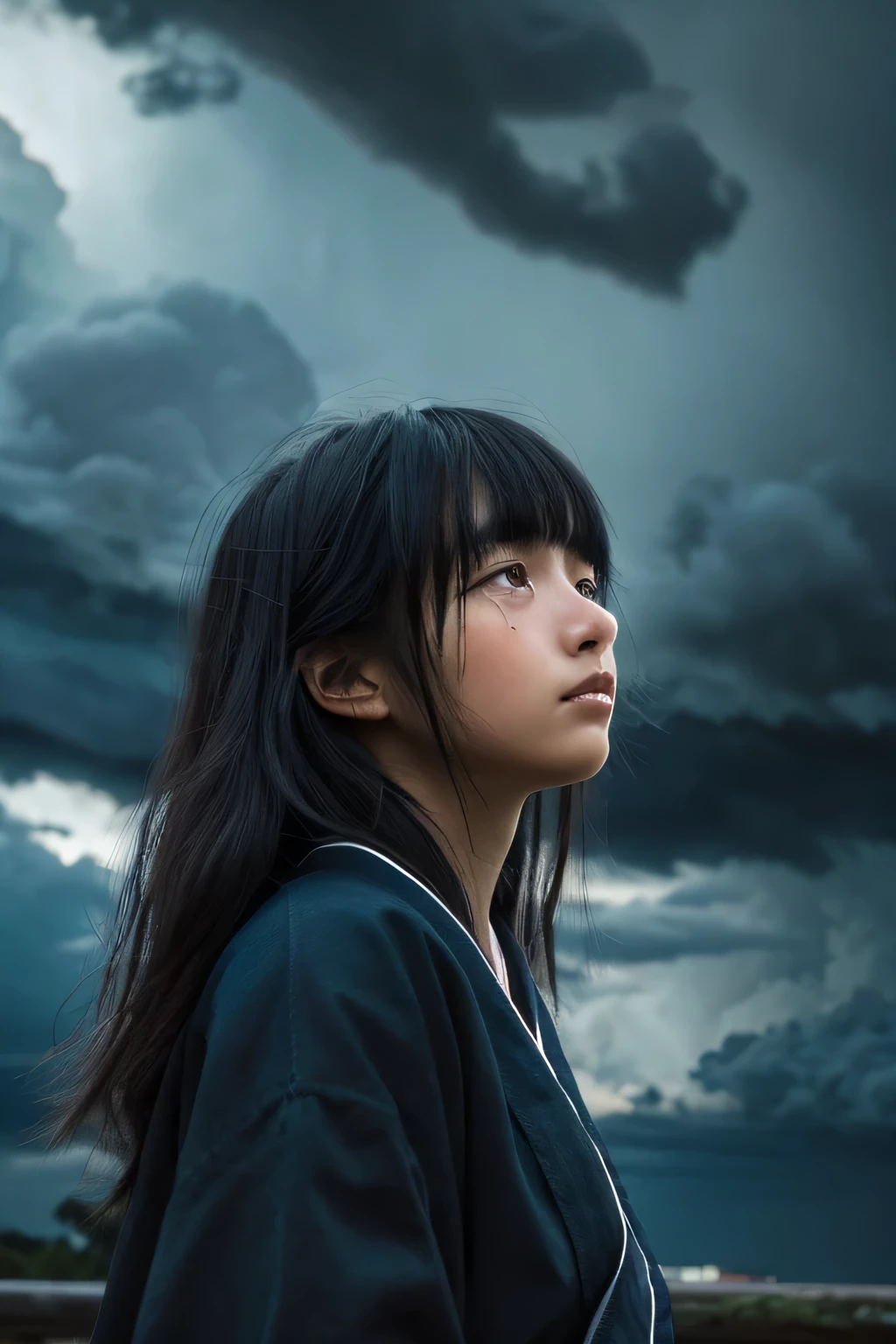 masterpiece, highest quality, (dark photo:1.3), realistic, One girl in a 300 year old Japan、Edo Period、White yukata、Long black hair、Girl in tears, Flat bangs, Stunning innocent symmetry face, Emotional, Ulzzang, (Pueros face_v1:0.7)、(((Stormy dark sky、Thundering Sky)))