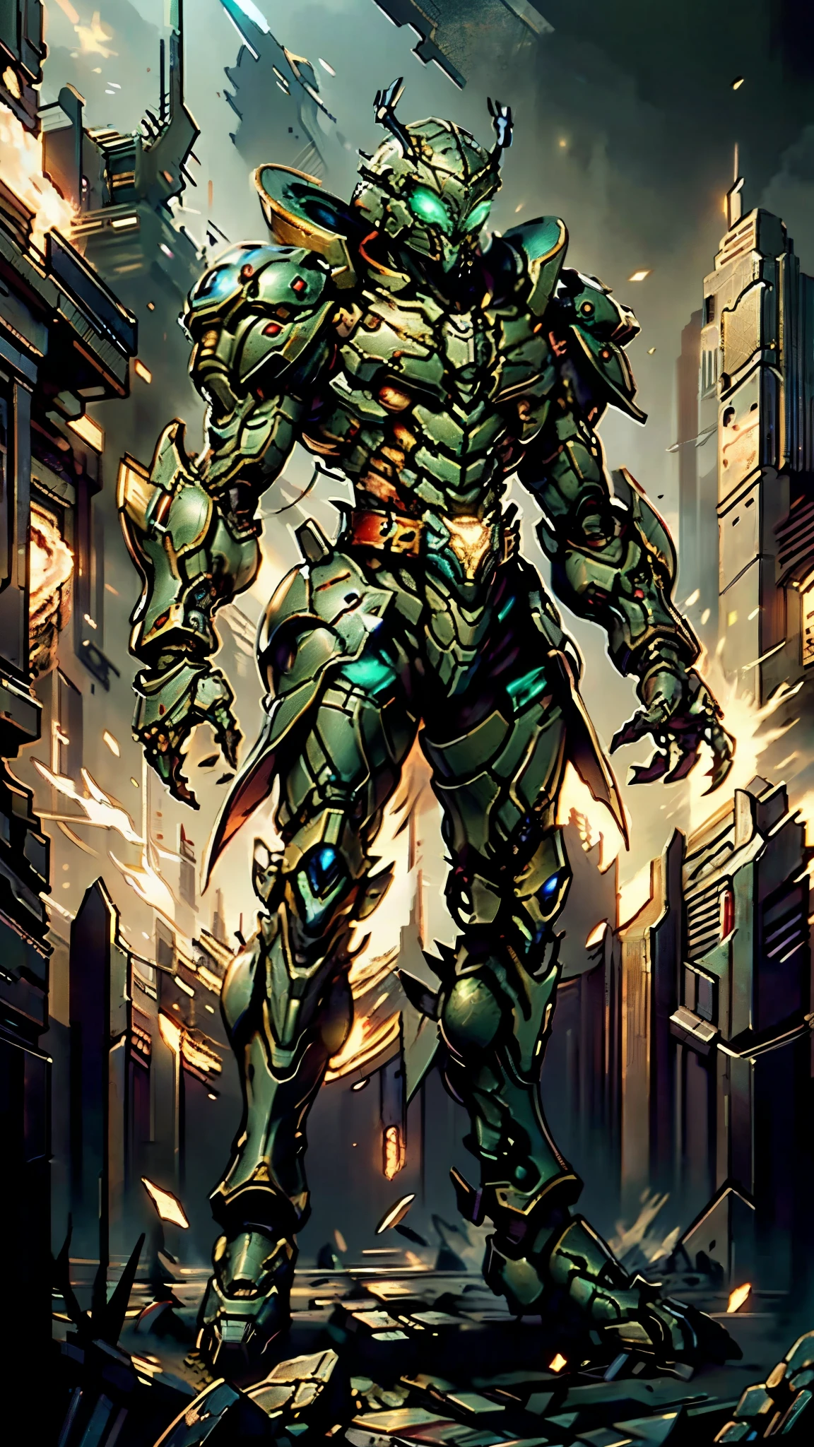 A man wearing a full-face helmet, a fantasy-style biotech armored combat suit, green eyes, (a composite layered chest armor), fully enclosed shoulder guards, matching arm and leg guards, the belt is adorned with Beetle-shaped gem, (the color scheme is primarily black with red accents), the design balances heavy with agility, a high-tech bio-mecha armor, (Armor Concept Inspired by Dynastinae, stand on the top of a skyscraper in a futuristic sci-fi city), this character embodies a finely crafted fantasy-surreal style armored hero in anime style, exquisite and mature manga art style, (element, plasma, energy, the armor glows), ((male:1.5)), metallic, real texture material, dramatic, high definition, best quality, highres, ultra-detailed, ultra-fine painting, extremely delicate, professional, perfect body proportions, golden ratio, anatomically correct, symmetrical face, extremely detailed eyes and face, high quality eyes, creativity, RAW photo, UHD, 32k, Natural light, cinematic lighting, masterpiece-anatomy-perfect, masterpiece:1.5