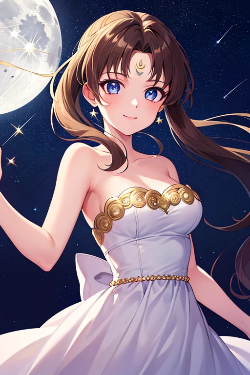 ((best quality)), ((highly detailed)), masterpiece, absurdres, (detailed eyes, deep eyes), (1girl), dynamic pose, long dark brown hair (to her back), smiling, Princess_white_strapless_dress_huge_back_bow_Golden_crescent_forehead_mark, (at a floating island, midnight, night sky, stars, moonlight, shooting star)