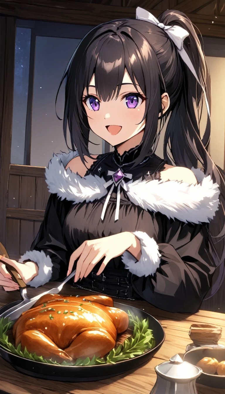 {{{solo lady}}}、shiny black hair、shiny purple eyes、{{short highponytail}}
、1white ribbon:1.1、[middle breast:0.8]、(black Gothic Dress),smile,Wind、Fur carpet、Inside the log house、night、moonlight、Dishes of food are laid out on the table、Across the table、POV、open mouth,upper body shot,