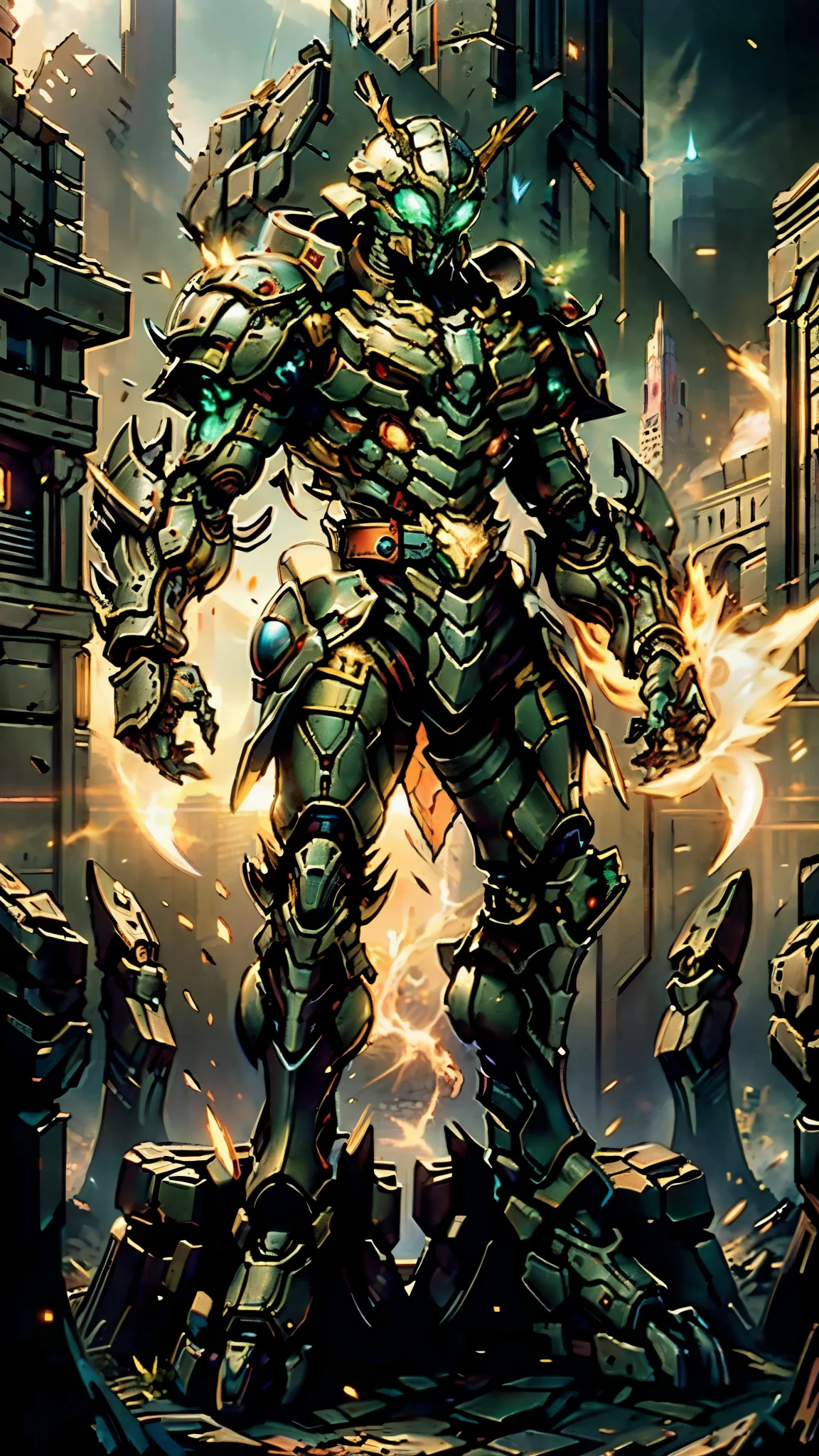 A man wearing a full-face helmet, a fantasy-style biotech armored combat suit, green eyes, (a composite layered chest armor), fully enclosed shoulder guards, matching arm and leg guards, the belt is adorned with Beetle-shaped gem, (the color scheme is primarily black with red accents), the design balances heavy with agility, a high-tech bio-mecha armor, (Armor Concept Inspired by Dynastinae, stand on the top of a skyscraper in a futuristic sci-fi city), this character embodies a finely crafted fantasy-surreal style armored hero in anime style, exquisite and mature manga art style, (element, plasma, energy, the armor glows), ((male:1.5)), metallic, real texture material, dramatic, high definition, best quality, highres, ultra-detailed, ultra-fine painting, extremely delicate, professional, perfect body proportions, golden ratio, anatomically correct, symmetrical face, extremely detailed eyes and face, high quality eyes, creativity, RAW photo, UHD, 32k, Natural light, cinematic lighting, masterpiece-anatomy-perfect, masterpiece:1.5