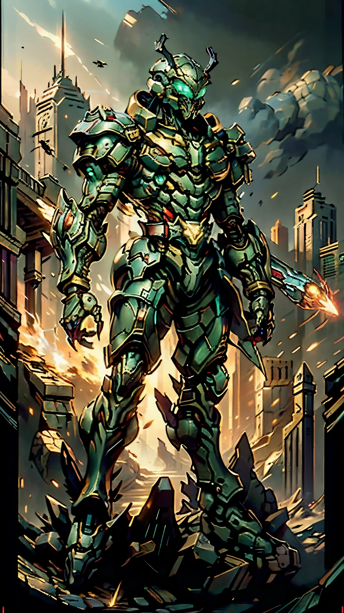 A man wearing a full-face helmet, a fantasy-style biotech armored combat suit, green eyes, (a composite layered chest armor), fully enclosed shoulder guards, matching arm and leg guards, the belt is adorned with Beetle-shaped gem, (the color scheme is primarily black with red accents), the design balances heavy with agility, a high-tech bio-mecha armor, (Armor Concept Inspired by Dynastinae, stand on the top of a skyscraper in a futuristic sci-fi city), this character embodies a finely crafted fantasy-surreal style armored hero in anime style, exquisite and mature manga art style, (element, plasma, energy, the armor glows), ((male:1.5)), metallic, real texture material, dramatic, high definition, best quality, highres, ultra-detailed, ultra-fine painting, extremely delicate, professional, perfect body proportions, golden ratio, anatomically correct, symmetrical face, extremely detailed eyes and face, high quality eyes, creativity, RAW photo, UHD, 32k, Natural light, cinematic lighting, masterpiece-anatomy-perfect, masterpiece:1.5