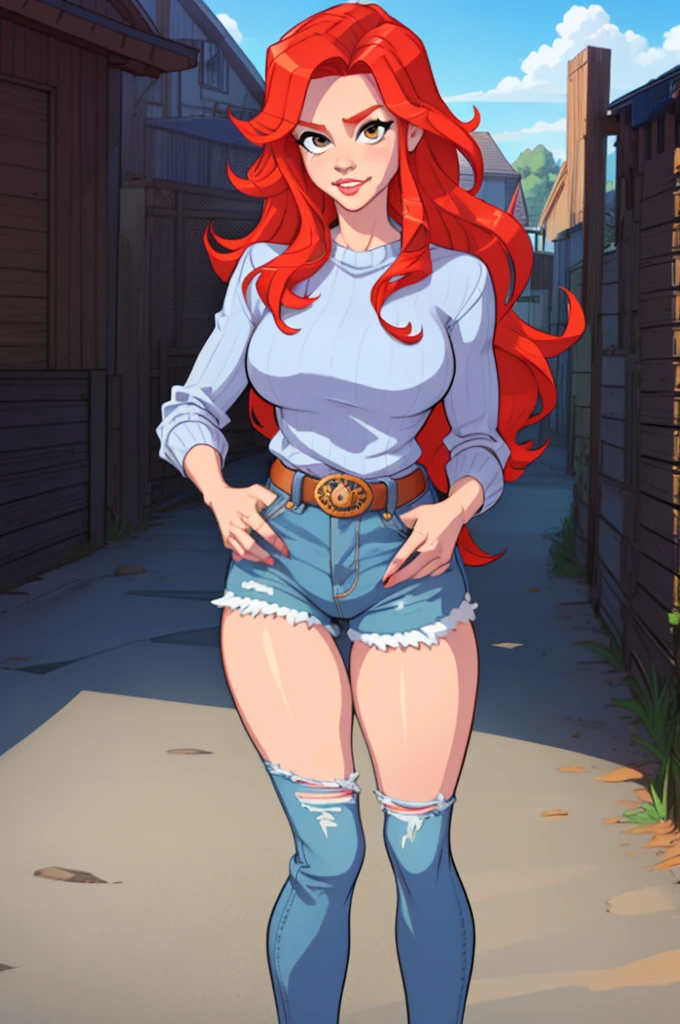 High resolution illustrations, unrivaled masterpiece, ultra-realistic 8k CG, perfect artwork, (fidelity: 1.5), farm, ranch, ((night)), cloudy, ((mature woman)), (((solo))), wet hair, red hair, curly hair, single ponytail, blue eyes, huge tits, big ass, natural makeup, ((Casual wear, jeans)), character in the middle, standing, blonde hair, vibrant, multicolour