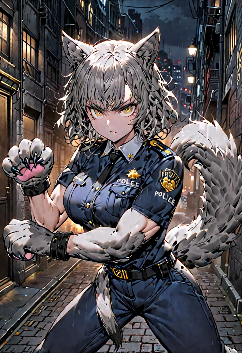 solo, female, sfw, medium shot, grey fur on forearms:1.2, animal hands:0.9, muscular, wolf ears, short hair, messy hair, grey hair, golden eyes, wolf tail, police uniform, police, large breasts, white fur collar, attack stance, serious, city, night, alleyway