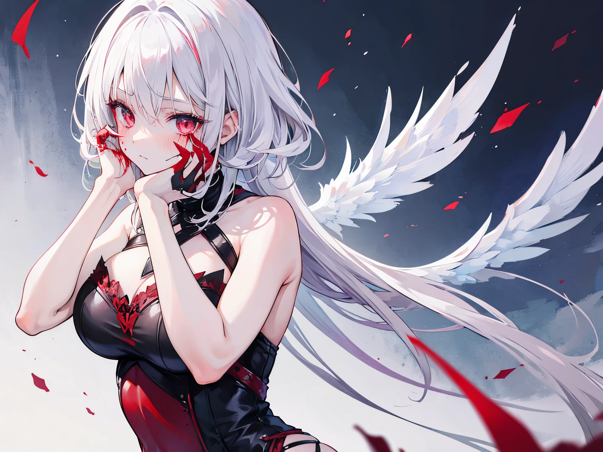 1girl, Vampire, Upper body and head only, hands on face covered in blood, blushing, white hair wolfcut hairstyle, with wings, thicc thighs