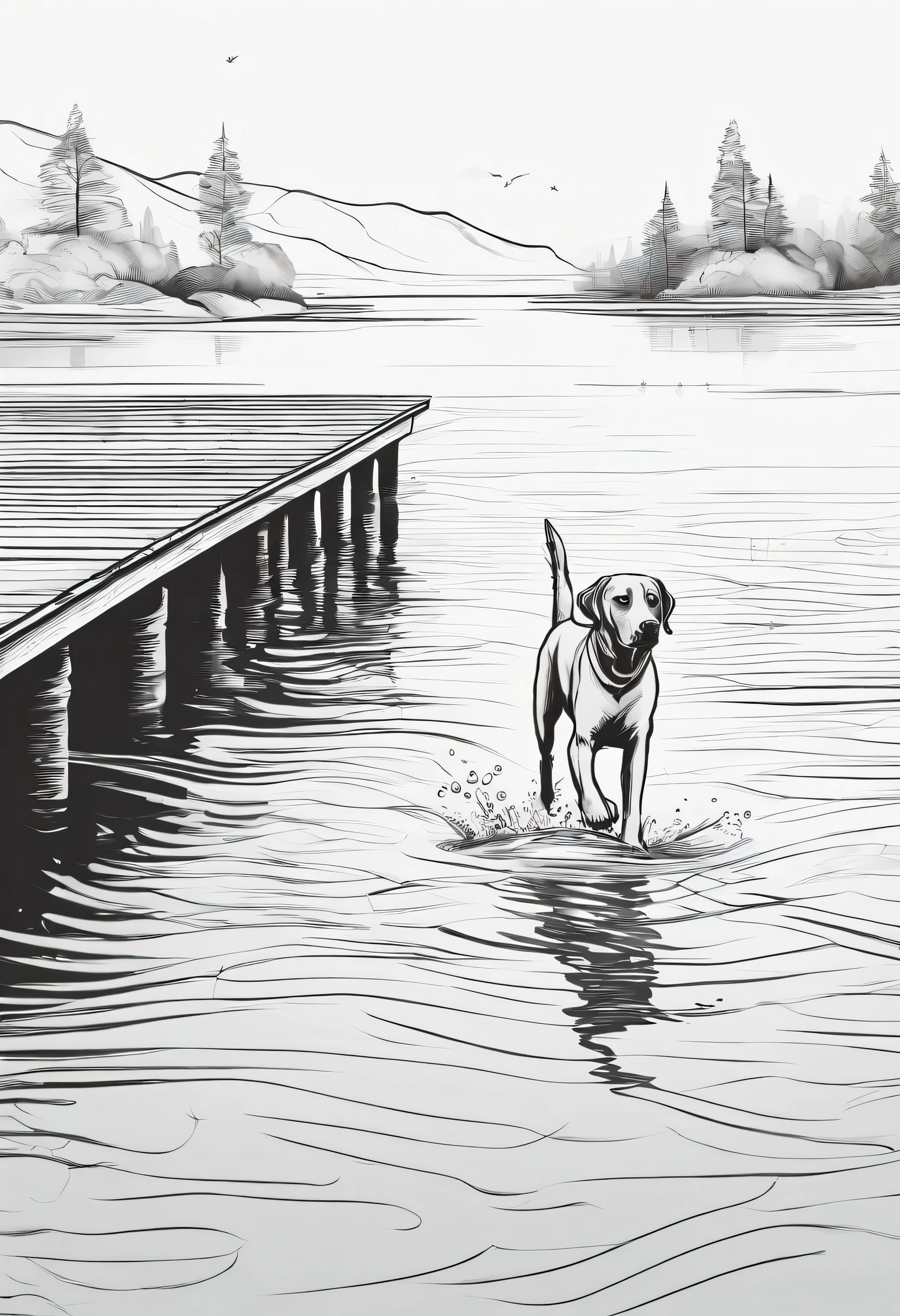 young labrador leaping into a lake with a pier