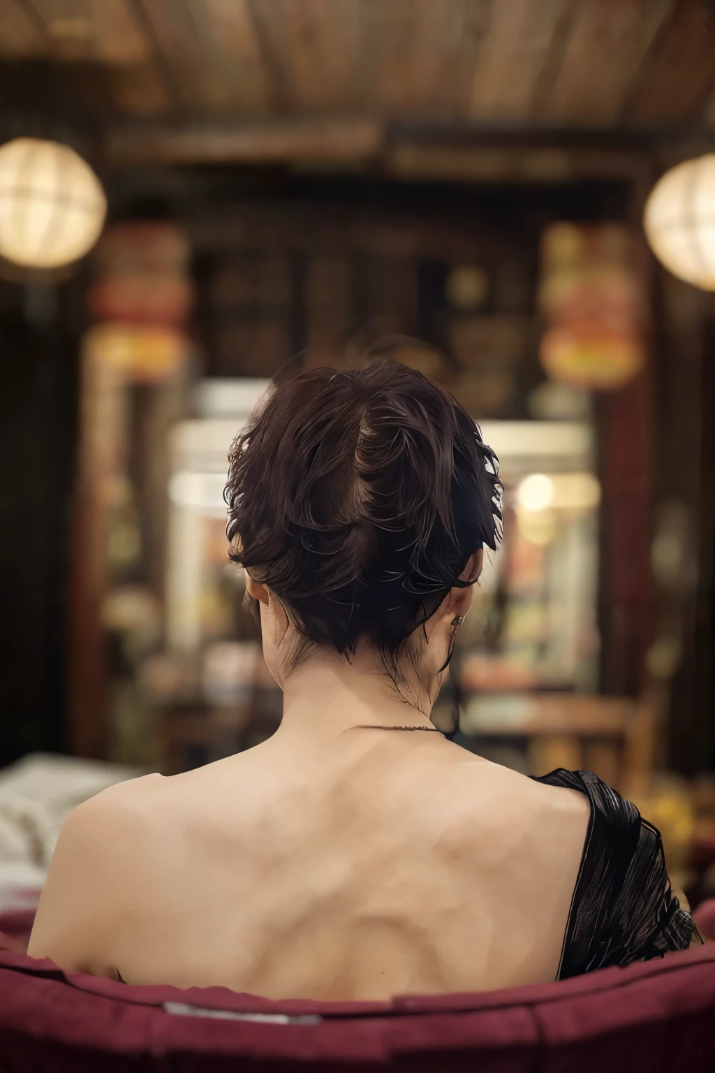 ((highest quality)), ((8K)), ((masterpiece: 1.3)), (Perfect appearance), (Photorealism: 1.6), (Bedroom: 1.2), (sitting in front of the dresser: 1.2), (後ろ髪を両手で掻き上げうなじを見せるJapanese Mature), (Instead of a comb, Nobunaga uses his fingers to brush the hair at the back of his head.: 1.4), (Back view), (Angle from diagonally behind: 1.4), (Portrait from chest up: 1.4), (60 years old, Japanese Mature), ((Realistic skin texture)), (Fine lines all over the skin), (Dull skin), (Facial wrinkles), (Wrinkles around the eyes), double eyelid, Tear bags under the eyelids, (A face with its head bowed: 1.2), (Smiling gently: 1.2), (Eyes closed: 1.2), (Hair combed up with a hand comb: 1.2), (A little bit of loose hair left at the nape of the neck), (Showing the nape: 1.6), (Nightgown: 1.2),