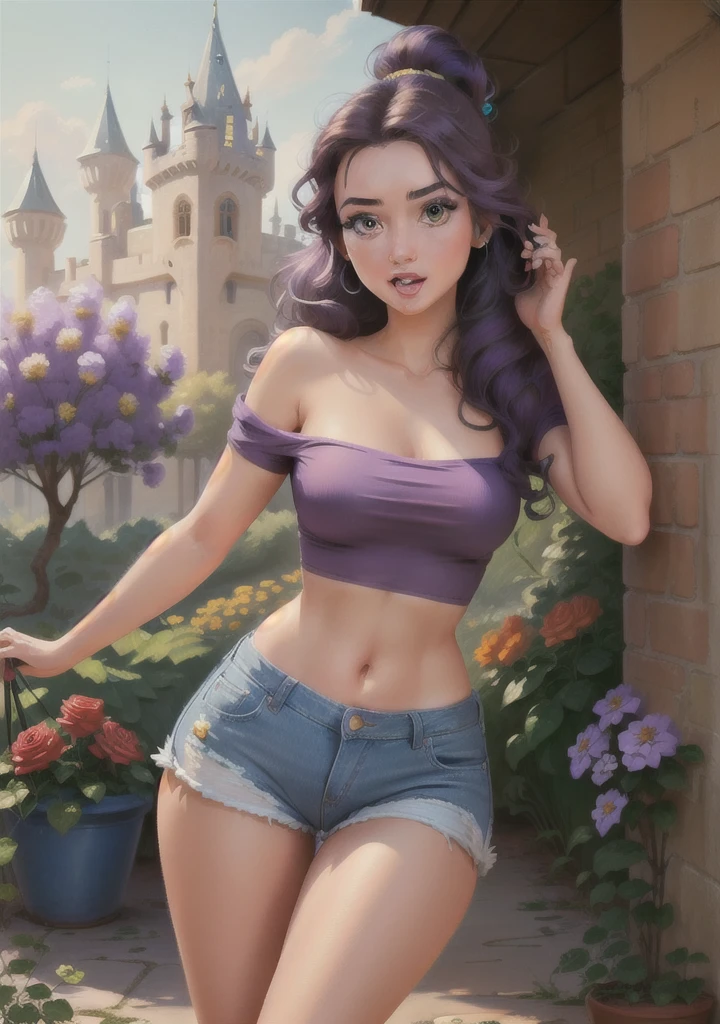 (BelleWaifu:1), surprised, cute, cute pose looking at the viewer, thick hips, (bob hairstyle), (purple hair), (denim shorts:1.2), (purple t-shirt on naked body:1.2), :D, curvy, (holding a red rose:1), (realistic: 1), (cartoon), (masterpiece: 1.2), (best quality), (ultra-detailed), (8k, 4k, intricate), (full-length shot: 1), (cowboy shot: 1.2), (85 mm), light particles, lighting, (very detailed: 1.2),  (Detailed Face: 1.2), (Gradients), SFW, Colorful, (Detailed Eyes: 1.2), (Detailed Landscape, Garden, Plants, Castle:1.2),(Detailed Background),Detailed Landscape, (Dynamic Angle:1.2), (Dynamic Pose:1.2), (Rule third_composition:1.3), (Line of Action:1.2), Wide Shot, Daylight, Solo,