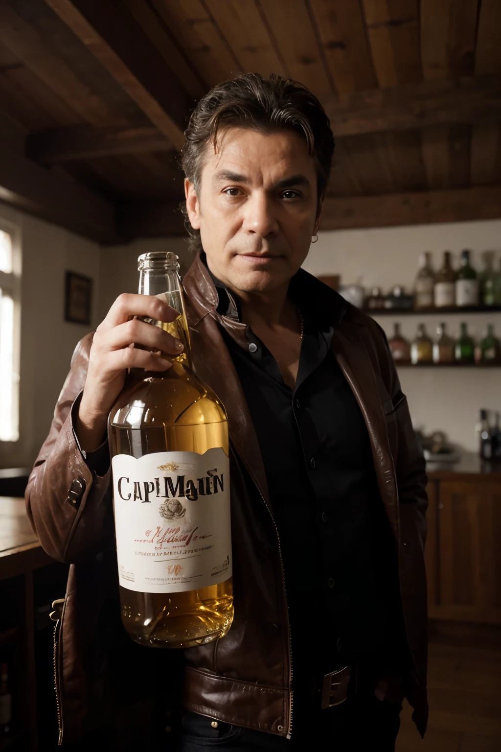 Singer José José with bottle of Captain Morgan in hand
