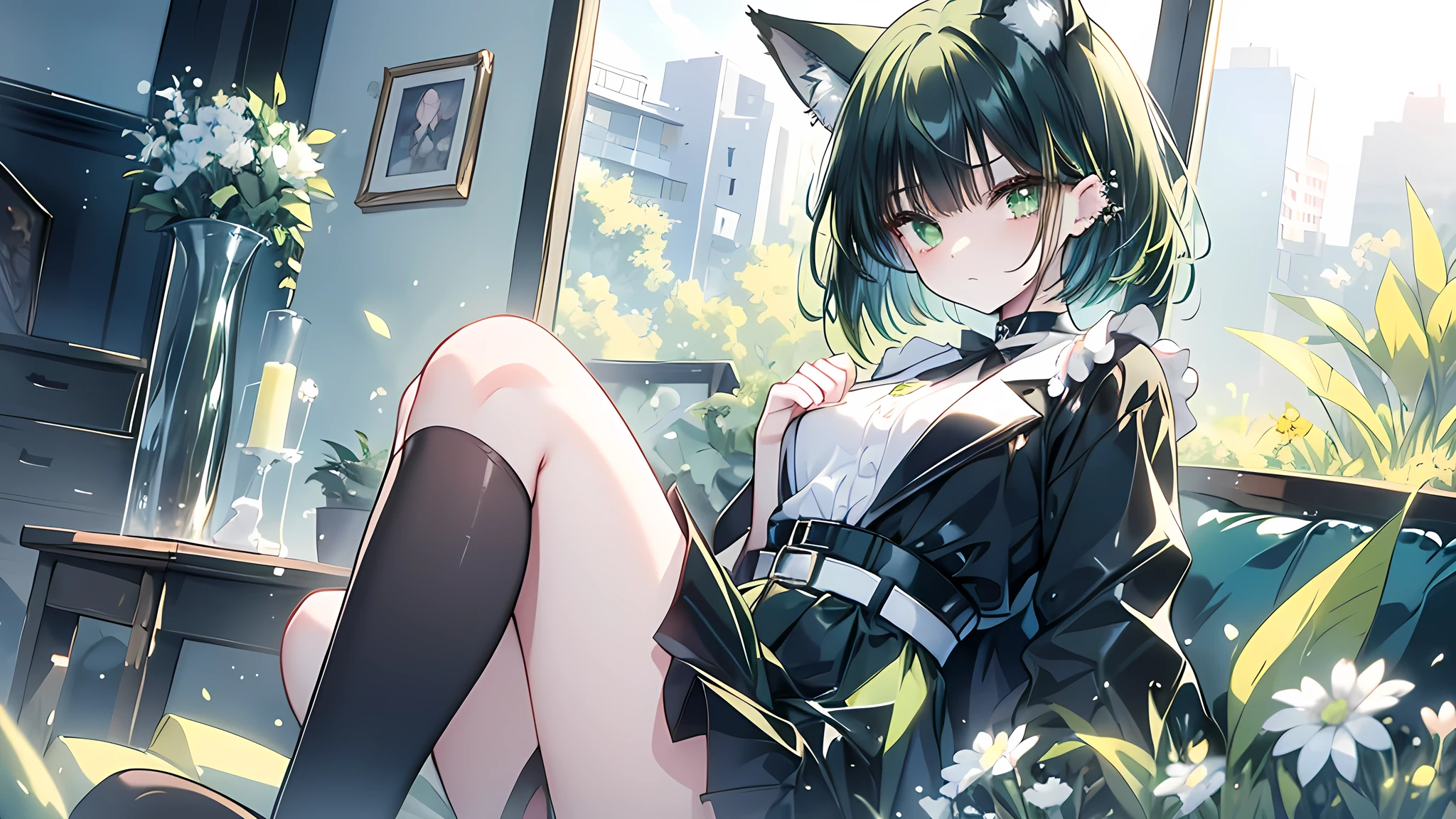 masterpiece, best quality, a girl, delightful,dark green hair, bob cut hair,gradient hair, streaked hair,light green eyes, slant eyes, pale skin, tall, slim, black jacket, frilled blouse, light green skirt,piercing, black gloves, black choker, black belt,white knee socks, black boots, light green ribbon, with fox ears, boyish, cute face, ager, cute,surprised, walking, looking back, on right, upper body, in the living room
