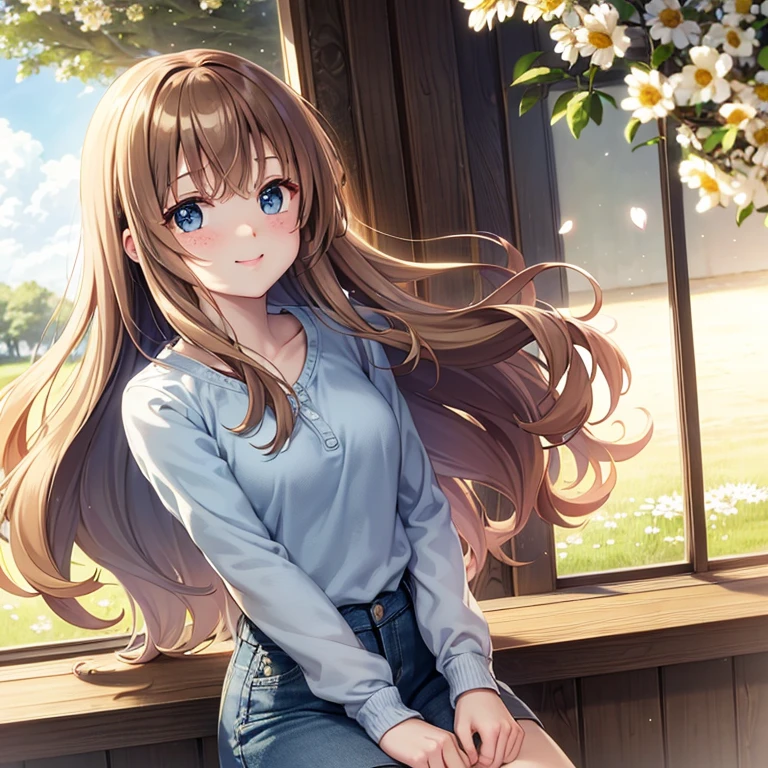 Anime style, Portrait, Daughter, Long brown hair, Soft curls, Blue eyes, Radiant smile, Freckles on cheeks, Denim jacket, White blouse, Jeans, Converse sneakers, Sitting on a window sill, Sunlight streaming through, Flowery curtains, Field of daisies in the background, White picket fence, Happy thoughts, Dreamy expression, Perfect anatomy, Excellent detailing, Artistic rendering, Spring scenery, Blooming cherry blossoms, Pink petals floating in the wind.