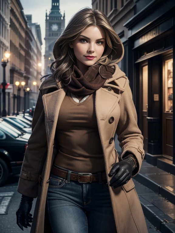 Elisha Cuthbert、(masterpiece:1.0), (Highest_quality:1.2), (Dark Shot:1.3), Classic Rogue, 1991 Rogue X-Men, 1 girl, Only 1, Head to Toe, standing on street corner, Elegant pose, (clothing: Brown winter coat, Brown color hood, Down lining, White scarf, gloves, jeans) Medium length hair, Brown Hair, Wavy Hair, One gray hair, Green Eyes, Mischievous look, Grin, Lips parted,  Red lipstick, Heavy makeup, Confident expression, Backlight, (realism: 1.5), (Realistic: 1.4), (Disorganized:1.4), 8k, Very detailed, Detailed beautiful woman,  (background: Midnight, it&#39;s snowing, On the streets of New York, Snowy Night), Official Art, Very detailed CG Unity 8k wallpaper, Perfect lighting, colorful, 超High resolution, photograph, 8k, High resolution, Kodak Portrait 400, Film Grain, blurry background, (Bokeh:1.2), (Vibrant_color:1.2), Film Grain:1.2, (Warm colors, Warm Tones:1.2), (color photo), Professional Photograph