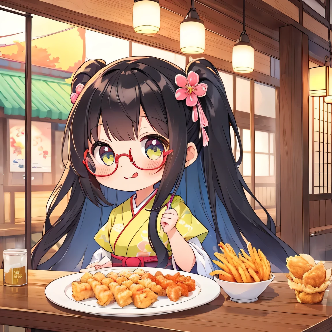 ((masterpiece)), ((best quality)), (ultra-detailed), ((kawaii)), cute, (lovely), illustration, anime style, upper body, upper body focus, 1girl, cute girl, solo, (((chibi))), (beautiful eyes), beautiful black hair, Long hair, slim, slender, small breast, glasses, Inside a Japanese restaurant, a platter with assorted tempura, looking very happy, smiling, (tongue out:1.1).