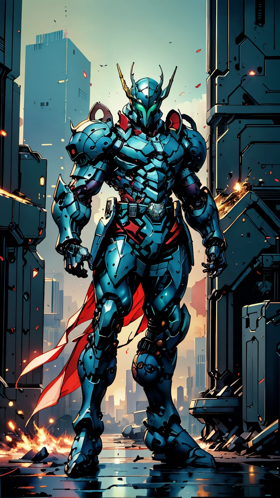 A man wearing a full-face helmet, a fantasy-style biotech armored combat suit, green eyes, (a composite layered chest armor), fully enclosed shoulder guards, matching arm and leg guards, the belt is adorned with Falcon Wing, (the color scheme is primarily white with red and blue accents), the design balances heavy with agility, a high-tech bio-mecha armor, (Armor Concept Inspired by Falcon, stand on the top of a skyscraper in a futuristic sci-fi city), this character embodies a finely crafted fantasy-surreal style armored hero in anime style, exquisite and mature manga art style, (element, plasma, energy, the armor glows), ((male:1.5)), metallic, real texture material, dramatic, high definition, best quality, highres, ultra-detailed, ultra-fine painting, extremely delicate, professional, perfect body proportions, golden ratio, anatomically correct, symmetrical face, extremely detailed eyes and face, high quality eyes, creativity, RAW photo, UHD, 32k, Natural light, cinematic lighting, masterpiece-anatomy-perfect, masterpiece:1.5