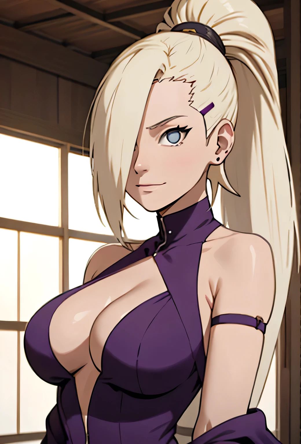 Ino yamanaka， komono， nevando， sitted，Purple clothes，Off-the-shoulder attire，cleavage，ssmile，Be red in the face，inside in room，Close-up close-up，with a good figure