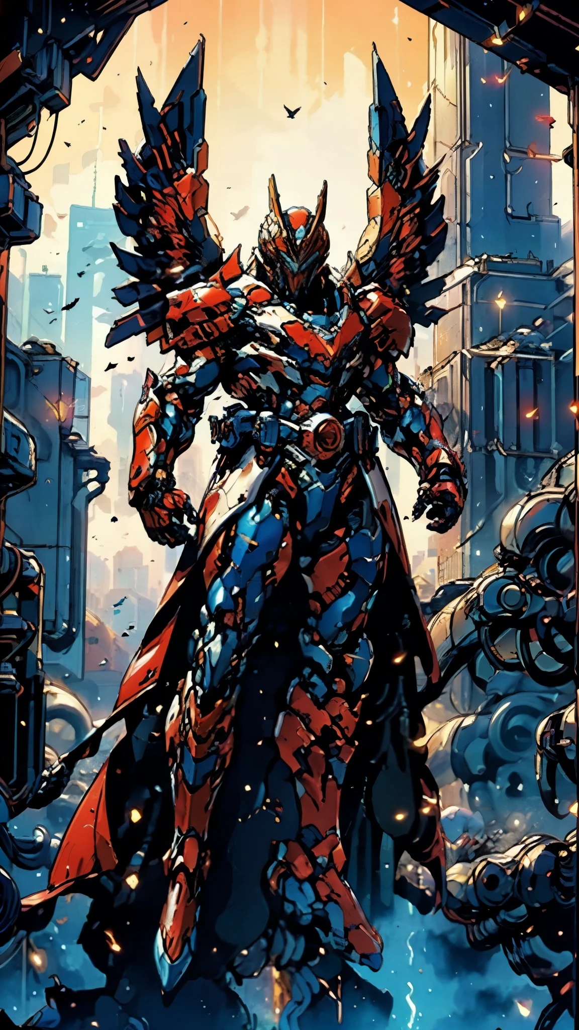 A man wearing a full-face helmet, a fantasy-style biotech armored combat suit, green eyes, (a composite layered chest armor), fully enclosed shoulder guards, matching arm and leg guards, the belt is adorned with Falcon Wing, (the color scheme is primarily white with red and blue accents), the design balances heavy with agility, a high-tech bio-mecha armor, (Armor Concept Inspired by Falcon, stand on the top of a skyscraper in a futuristic sci-fi city), this character embodies a finely crafted fantasy-surreal style armored hero in anime style, exquisite and mature manga art style, (element, plasma, energy, the armor glows), ((male:1.5)), metallic, real texture material, dramatic, high definition, best quality, highres, ultra-detailed, ultra-fine painting, extremely delicate, professional, perfect body proportions, golden ratio, anatomically correct, symmetrical face, extremely detailed eyes and face, high quality eyes, creativity, RAW photo, UHD, 32k, Natural light, cinematic lighting, masterpiece-anatomy-perfect, masterpiece:1.5
