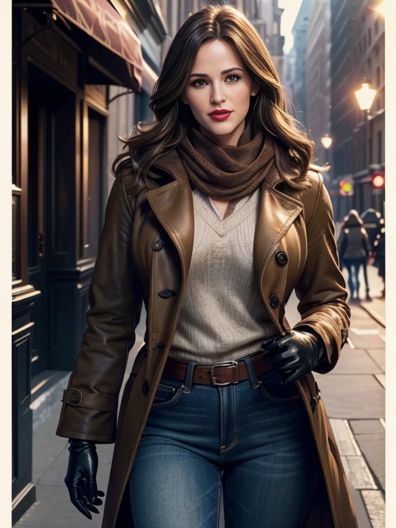 Jennifer Garner、(masterpiece:1.0), (Highest_quality:1.2), (Dark Shot:1.3), Classic Rogue, 1991 Rogue X-Men, 1 girl, Only 1, Head to Toe, standing on street corner, Elegant pose, (clothing: Brown winter coat, Brown color hood, Down lining, White scarf, gloves, jeans) Medium length hair, Brown Hair, Wavy Hair, One gray hair, Green Eyes, Mischievous look, Grin, Lips parted,  Red lipstick, Heavy makeup, Confident expression, Backlight, (realism: 1.5), (Realistic: 1.4), (Disorganized:1.4), 8k, Very detailed, Detailed beautiful woman,  (background: Midnight, it&#39;s snowing, On the streets of New York, Snowy Night), Official Art, Very detailed CG Unity 8k wallpaper, Perfect lighting, colorful, 超High resolution, photograph, 8k, High resolution, Kodak Portrait 400, Film Grain, blurry background, (Bokeh:1.2), (Vibrant_color:1.2), Film Grain:1.2, (Warm colors, Warm Tones:1.2), (color photo), Professional Photograph