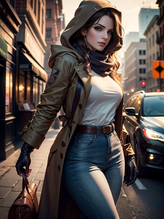 Sandra Bullock、(masterpiece:1.0), (Highest_quality:1.2), (Dark Shot:1.3), Classic Rogue, 1991 Rogue X-Men, 1 girl, Only 1, Head to Toe, standing on street corner, Elegant pose, (clothing: Brown winter coat, Brown color hood, Down lining, White scarf, gloves, jeans) Medium length hair, Brown Hair, Wavy Hair, One gray hair, Green Eyes, Mischievous look, Grin, Lips parted, Red lipstick, Heavy makeup, Confident expression, Backlight, (realism: 1.5), (Realistic: 1.4), (Disorganized:1.4), 8k, Very detailed, Detailed beautiful woman, (background: Midnight, it's snowing, On the streets of New York, Snowy Night), Official Art, Very detailed CG Unity 8k wallpaper, Perfect lighting, colorful, 超High resolution, photograph, 8k, High resolution, Kodak Portrait 400, Film Grain, blurry background, (Bokeh:1.2), (Vibrant_color:1.2), Film Grain:1.2, (Warm colors, Warm Tones:1.2), (color photo), Professional Photograph