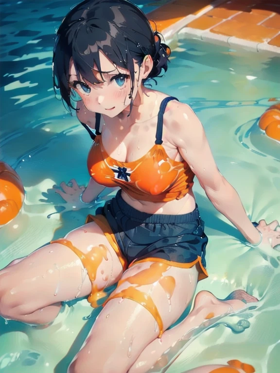 (Orange swimsuit(Orange camisole,Soaked with slimy liquid):1.2),(Navy blue shorts(Soaked with slimy liquid):1.4),All fours pose,Big Breasts,(Soaked with slimy liquid:1.2),