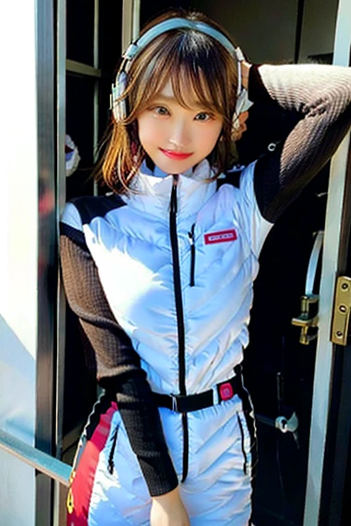 (8k、Raw photo、highest quality、masterpiece:1.2)、(Realistic、Photorealistic:1.37)、Ultra-detailed、超A high resolution、1 girl、Seeing the viewer、Beautifully detailed face、Laughter、narrow、(Narrow waist) :1.3)、((Red shirt outfit))、Beautifully detailed skin、Skin Texture、Floating Hair、((Tie your hair together))、Shapely large breasts、Professional Lighting、In front of the station at noon、Human whole body、Brown Hair、((The line is busy))、BREAK ((Detailed face, Professional photography)), Ultra-high resolution, (Realistic: 1.4), RAW Photos, highest quality, (PhotoRealistic Stick), concentrate, Soft Light,masterpiece, highest quality, Very detailed, 8K, BREAK (arms behind back):5,(arms up behind):1, (black sleeves):10,(black long tightfit sleeves) BREAK (headphone):10 (metallic gray astrovest), (metallic luster mirror finish astrovest):2,belt, BREAK blush:3,smile,look at viewer,(Blunt bangs),(black hair):2,(long hair):1.3 (drooping eyes),(Young Face), BREAK Portrait,(solo),1girl,(Caucasian):10,(android girl):1.4,Plump:0.7, ((25 years old)), ((Japanese)), BREAK (hidden hand):10, BREAK (Written boundary depth,futuristic space station,,space station,Bomi,neotech,bing_astronaut