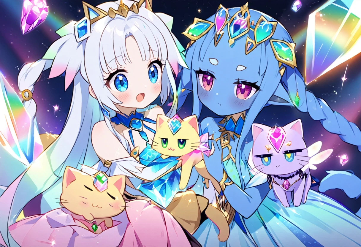 (2 subjects) (Subject 1: Cryptic girl in an action pose descending from the sky) and her companion (subject 2: a blue skinned water nymph, jewel adorned) have rescued a cute rainbow crystal kitty cat
