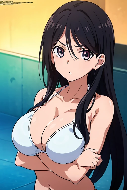 (masutepiece, Best Quality, High resolution, anime screen cap, anime colours, megami magazine:1.2, anime poster style, anime keyvisual, sharp, 8k, photorealistic), (beautiful eyes:1.5), Blowmailing, 1girl in, Cute, blush, (Long Black Hair), (natural large breasts:1.5), cleavage, (White Bikini:1.5), (perfect detailed crossed arms:1.5), upper body, (Perfect Anatomy, beautifull detailed face, Beautiful detailed eyes, beautiful detailed hair, Beautiful detailed body), (thick outline, Beautiful outlines, black outlines)