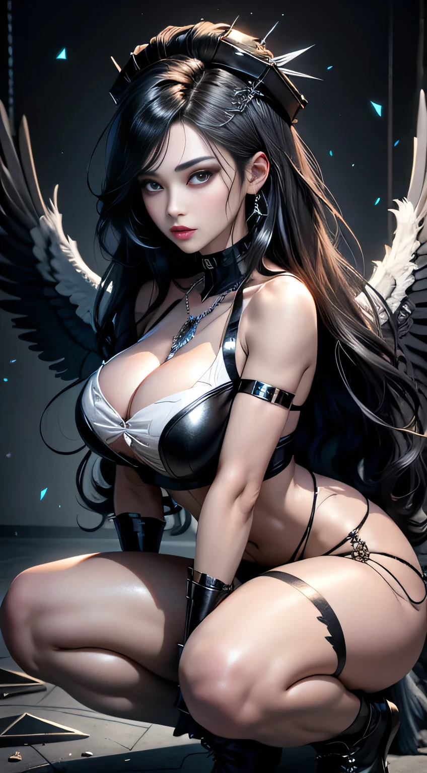 sfw, model: Long wavy black hair, Full, dark lips, Smoky eyes, Break, Setting: Black-lit room, Broken glass, Crystals reflect light, Neon lights, Break, bodypaint: Multi-colored geometric pattern, Torso cap, Arms and legs, Break, Accessories: Body chrome plated break chain, silver necklace, Black feathers White black wings, Break, lewd poses: Crouching, The head is tilted upwards, expecting., wearing bra,((skinny waist)), young asian girl, ((big breasted)),