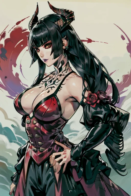 (obra de arte, melhor qualidade),  detalhes intrincados,
1 garota,  Eliza From Tekken, cabelo preto curto , cabelo com mechas em  vermelho nas pontas , cabelo curto, animation ,piercing de sobrancelha 3DMM,