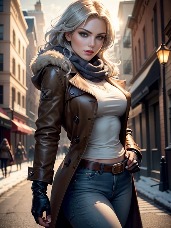 Elisha Cuthbert、(masterpiece:1.0), (Highest_quality:1.2), (Dark Shot:1.3), Classic Rogue, 1991 Rogue X-Men, 1 girl, Only 1, Head to Toe, standing on street corner, Elegant pose, (clothing: Brown winter coat, Brown color hood, Down lining, White scarf, gloves, jeans) Medium length hair, Brown Hair, Wavy Hair, One gray hair, Green Eyes, Mischievous look, Grin, Lips parted, Red lipstick, Heavy makeup, Confident expression, Backlight, (realism: 1.5), (Realistic: 1.4), (Disorganized:1.4), 8k, Very detailed, Detailed beautiful woman, (background: Midnight, it's snowing, On the streets of New York, Snowy Night), Official Art, Very detailed CG Unity 8k wallpaper, Perfect lighting, colorful, 超High resolution, photograph, 8k, High resolution, Kodak Portrait 400, Film Grain, blurry background, (Bokeh:1.2), (Vibrant_color:1.2), Film Grain:1.2, (Warm colors, Warm Tones:1.2), (color photo), Professional Photograph