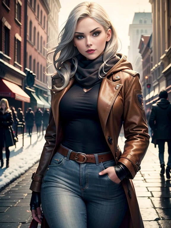 Elisha Cuthbert、(masterpiece:1.0), (Highest_quality:1.2), (Dark Shot:1.3), Classic Rogue, 1991 Rogue X-Men, 1 girl, Only 1, Head to Toe, standing on street corner, Elegant pose, (clothing: Brown winter coat, Brown color hood, Down lining, White scarf, gloves, jeans) Medium length hair, Brown Hair, Wavy Hair, One gray hair, Green Eyes, Mischievous look, Grin, Lips parted, Red lipstick, Heavy makeup, Confident expression, Backlight, (realism: 1.5), (Realistic: 1.4), (Disorganized:1.4), 8k, Very detailed, Detailed beautiful woman, (background: Midnight, it's snowing, On the streets of New York, Snowy Night), Official Art, Very detailed CG Unity 8k wallpaper, Perfect lighting, colorful, 超High resolution, photograph, 8k, High resolution, Kodak Portrait 400, Film Grain, blurry background, (Bokeh:1.2), (Vibrant_color:1.2), Film Grain:1.2, (Warm colors, Warm Tones:1.2), (color photo), Professional Photograph