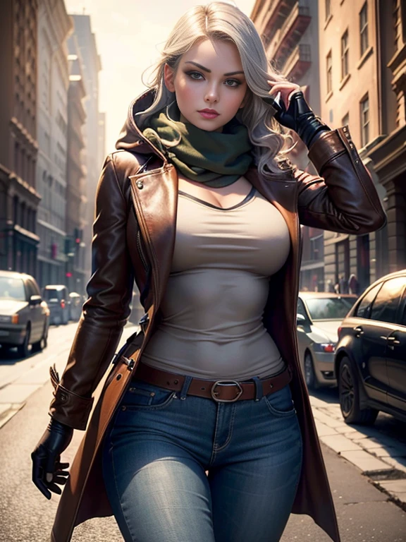 Elisha Cuthbert、(masterpiece:1.0), (Highest_quality:1.2), (Dark Shot:1.3), Classic Rogue, 1991 Rogue X-Men, 1 girl, Only 1, Head to Toe, standing on street corner, Elegant pose, (clothing: Brown winter coat, Brown color hood, Down lining, White scarf, gloves, jeans) Medium length hair, Brown Hair, Wavy Hair, One gray hair, Green Eyes, Mischievous look, Grin, Lips parted, Red lipstick, Heavy makeup, Confident expression, Backlight, (realism: 1.5), (Realistic: 1.4), (Disorganized:1.4), 8k, Very detailed, Detailed beautiful woman, (background: Midnight, it's snowing, On the streets of New York, Snowy Night), Official Art, Very detailed CG Unity 8k wallpaper, Perfect lighting, colorful, 超High resolution, photograph, 8k, High resolution, Kodak Portrait 400, Film Grain, blurry background, (Bokeh:1.2), (Vibrant_color:1.2), Film Grain:1.2, (Warm colors, Warm Tones:1.2), (color photo), Professional Photograph